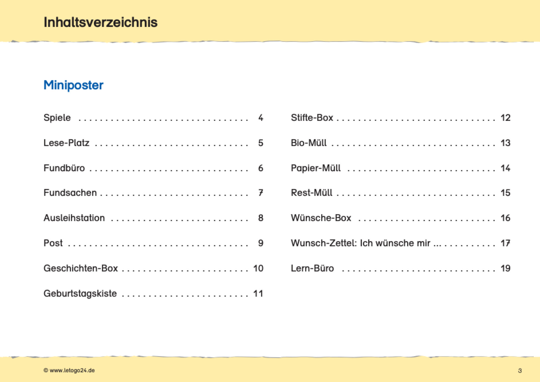 Inhaltsverzeichnis des E-Books für Grundschüler: Organisation im Klassenzimmer