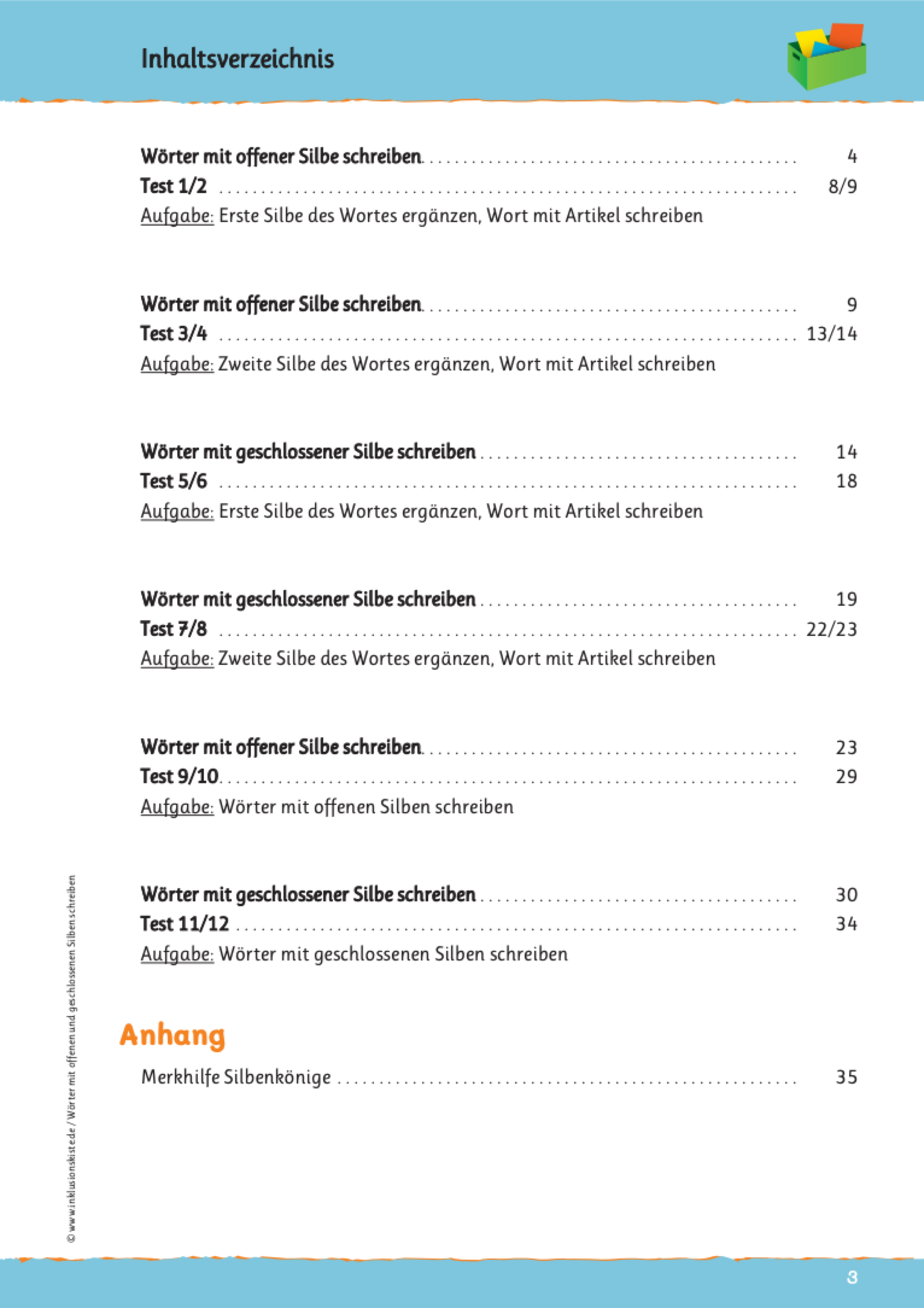 Inhaltsverzeichnis des E-Books: "Woerter mit offenen und geschlossenen Silben schreiben".