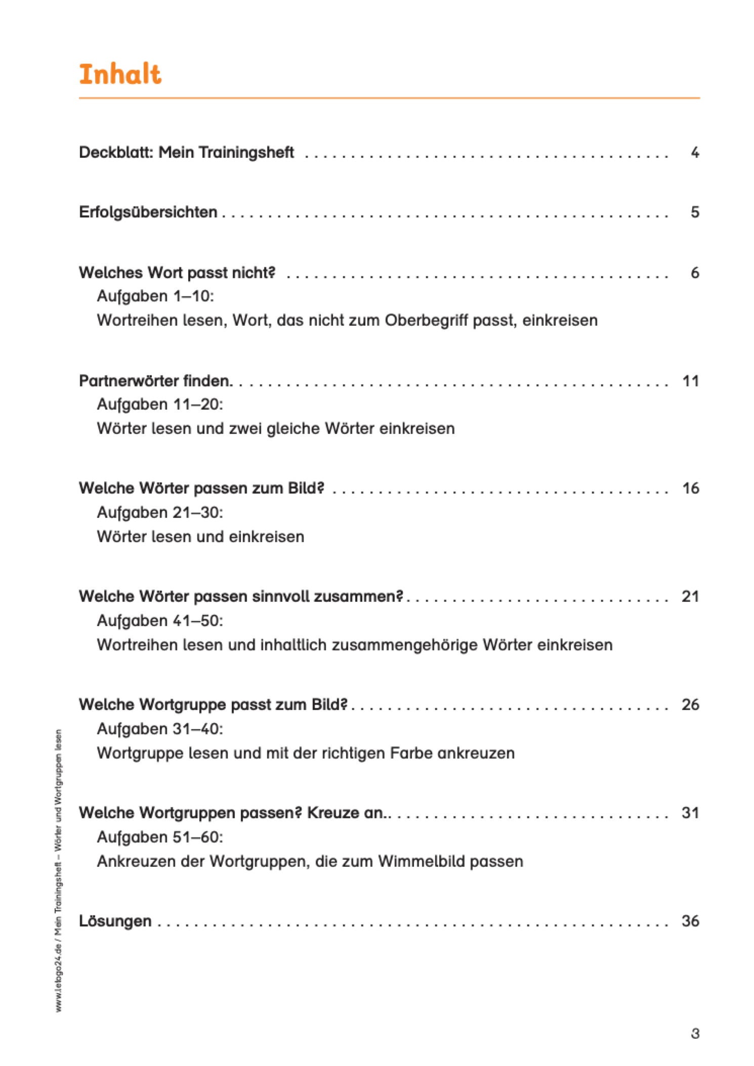 Inhaltsverzeichnis des E-Books: `Mein Trainingsheft: Wörter und Wortgruppen lesen`. Es werden sechs Übungsformen, Erfolgsübersichten und die Lösungen aufgelistet.