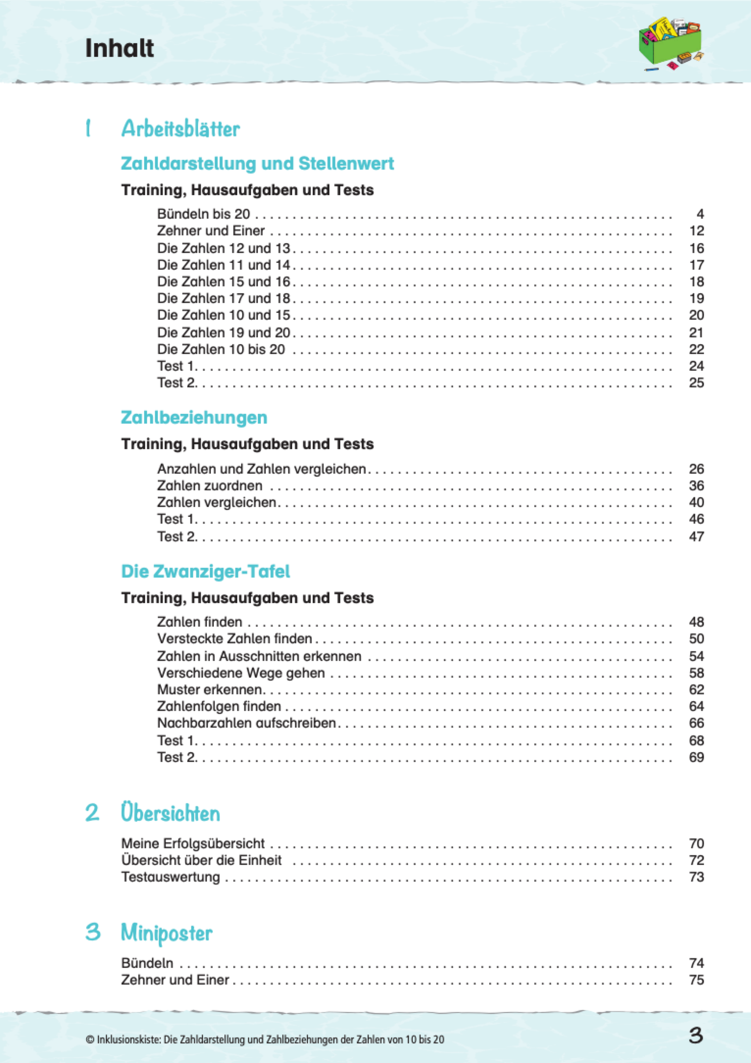 Inhaltsverzeichnis des E-Books `Die Zahldarstellung und Zahlbeziehungen der Zahlen von 10 bis 20` mit einer Auflistung der Ăbngen von der Zahldarstelung, ĂŒber die Zahlbziehungen bis zu Ăbungen in der Zwanzigertafel.