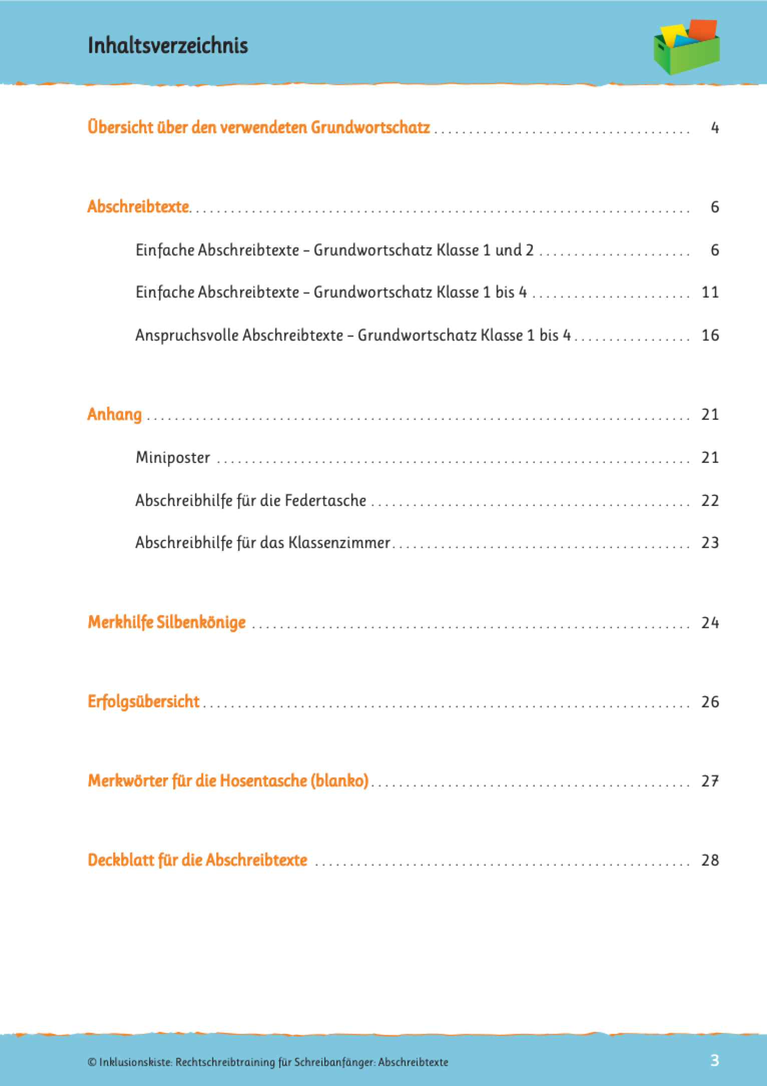 Inhaltsverzeichnis des E-Books: `Rechtschreibtraining für Schreibanfänger - Abschreibtexte`