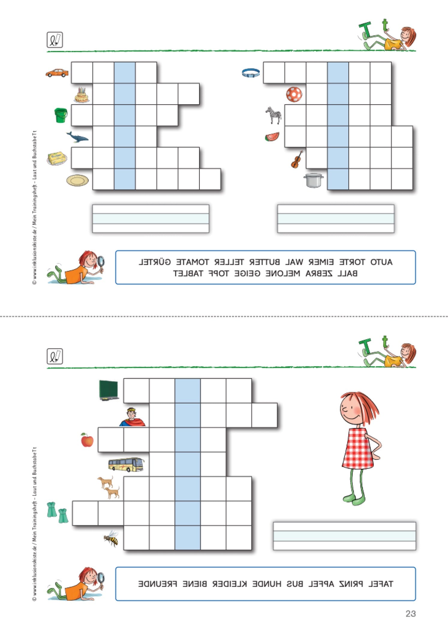 Kreuzworträtsel des E-Books: `Mein Trainingsheft: Laut und Buchstabe T t` mit Anlautbildern an jeder Zeile. Unter jedem Gitter des Rätsels befinden sich eine kurze Schreibzeile zum Aufschreiben des Lösungswortes und die Lösungswörter in Spiegelschrift.