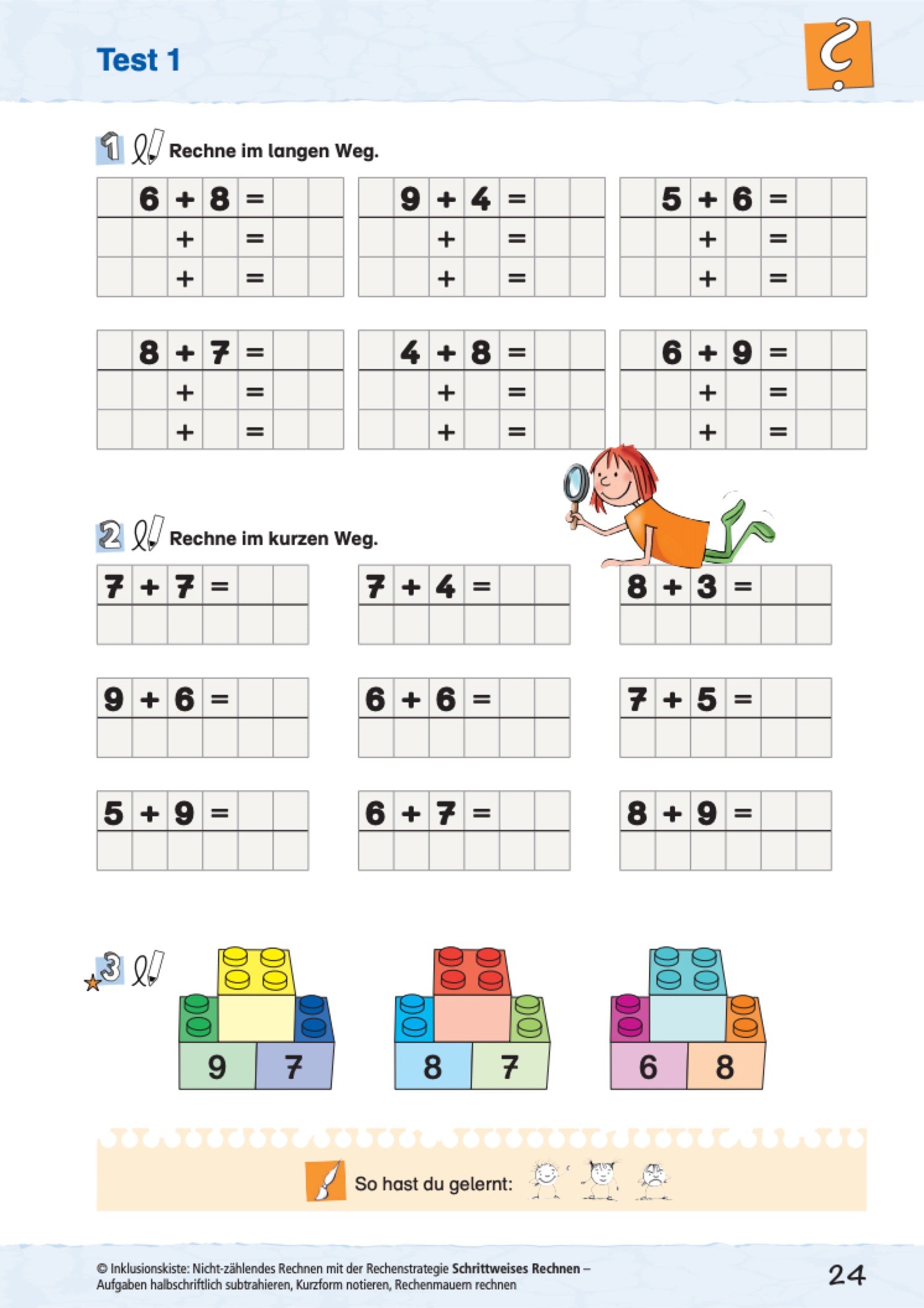 Kurztest mit verschiedenen Aufgabenformaten zum schrittweisen Addieren bis 20 mit Zehnerüberschreitung. Im unteren Teil des Blattes werden drei Aufgaben einer Zahlenmauer mit Steckbausteinen dargestellt.