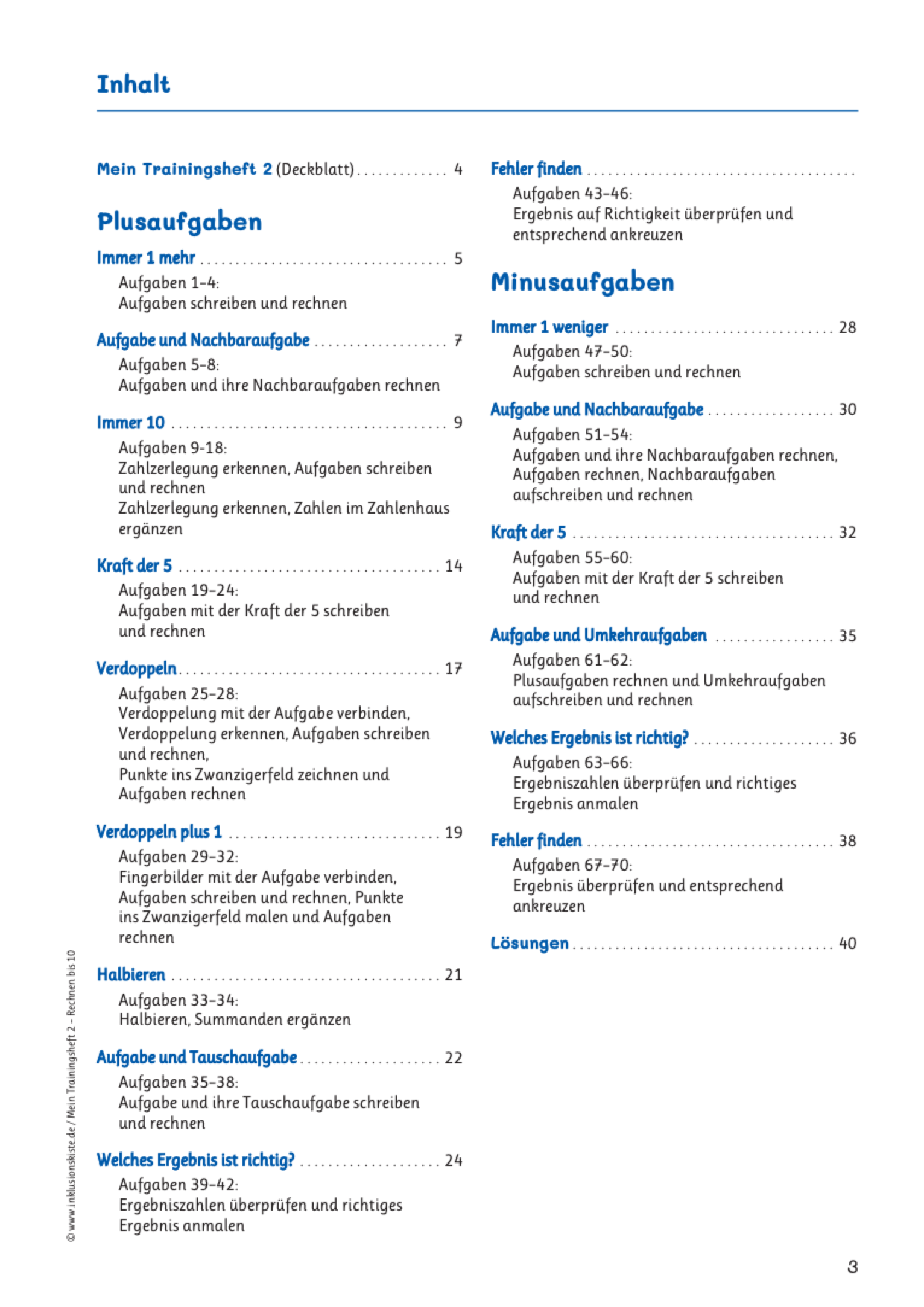 Inhaltsverzeichnis des E-Books: `Kopfrechen-Profi: Das tägliche 1x1-Training`