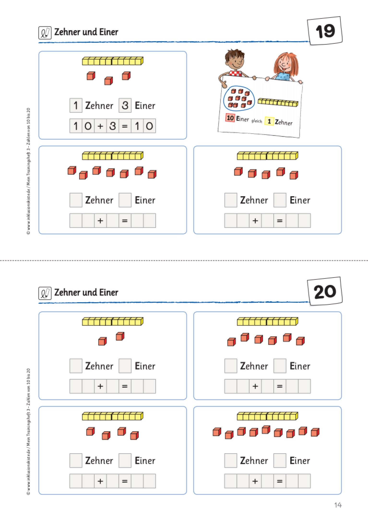 Arbeitsblatt des E-Books: `Mein Trainingsheft 3: Zahlen von 10 bis 20` mit Einer- und Zehnerdarstellungen