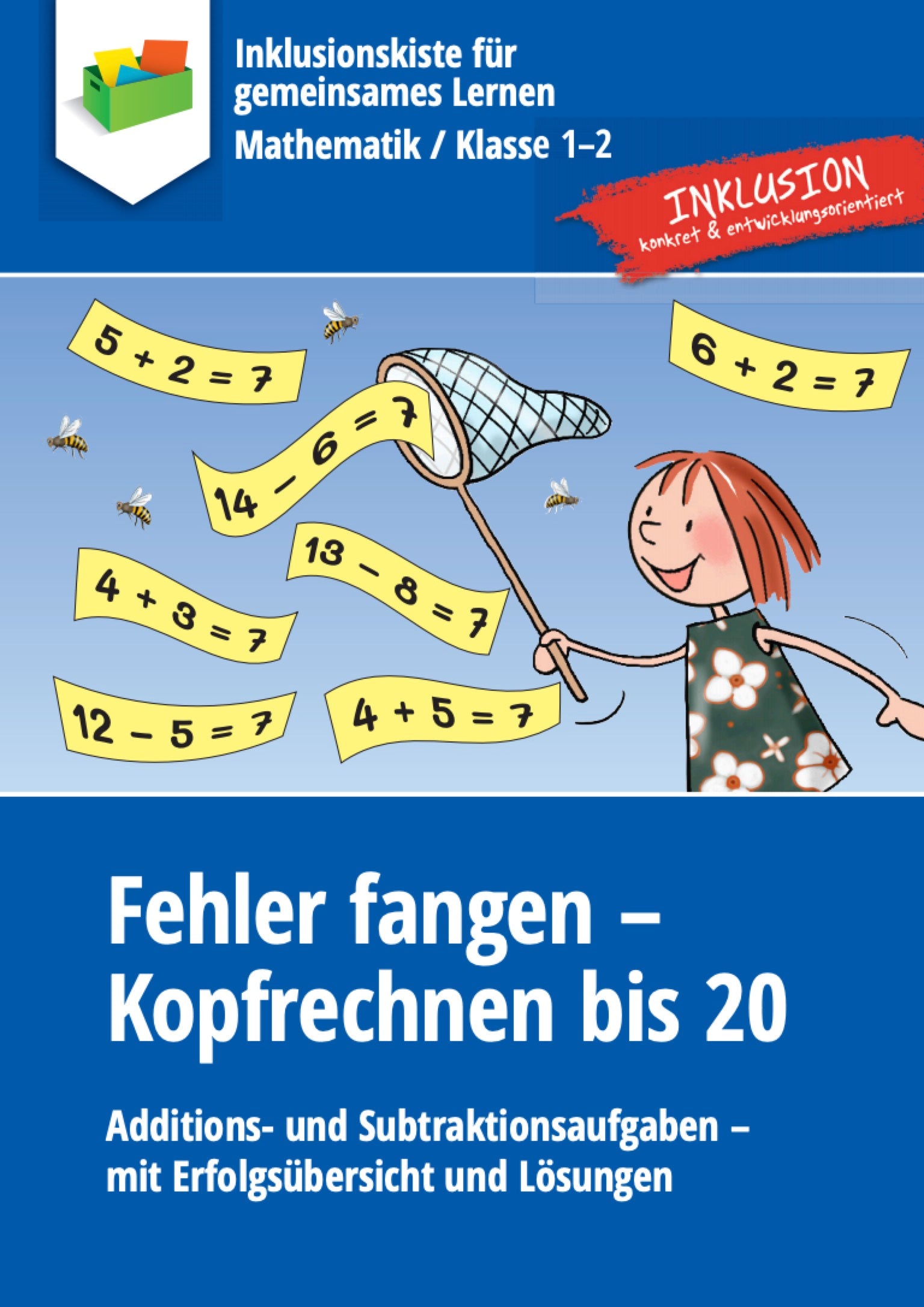 E-Book-Cover `Fehler fangen - Kopfrechen bis 20` mit fehlerfangender MĂ€dchengrafik und Rechenaufgaben