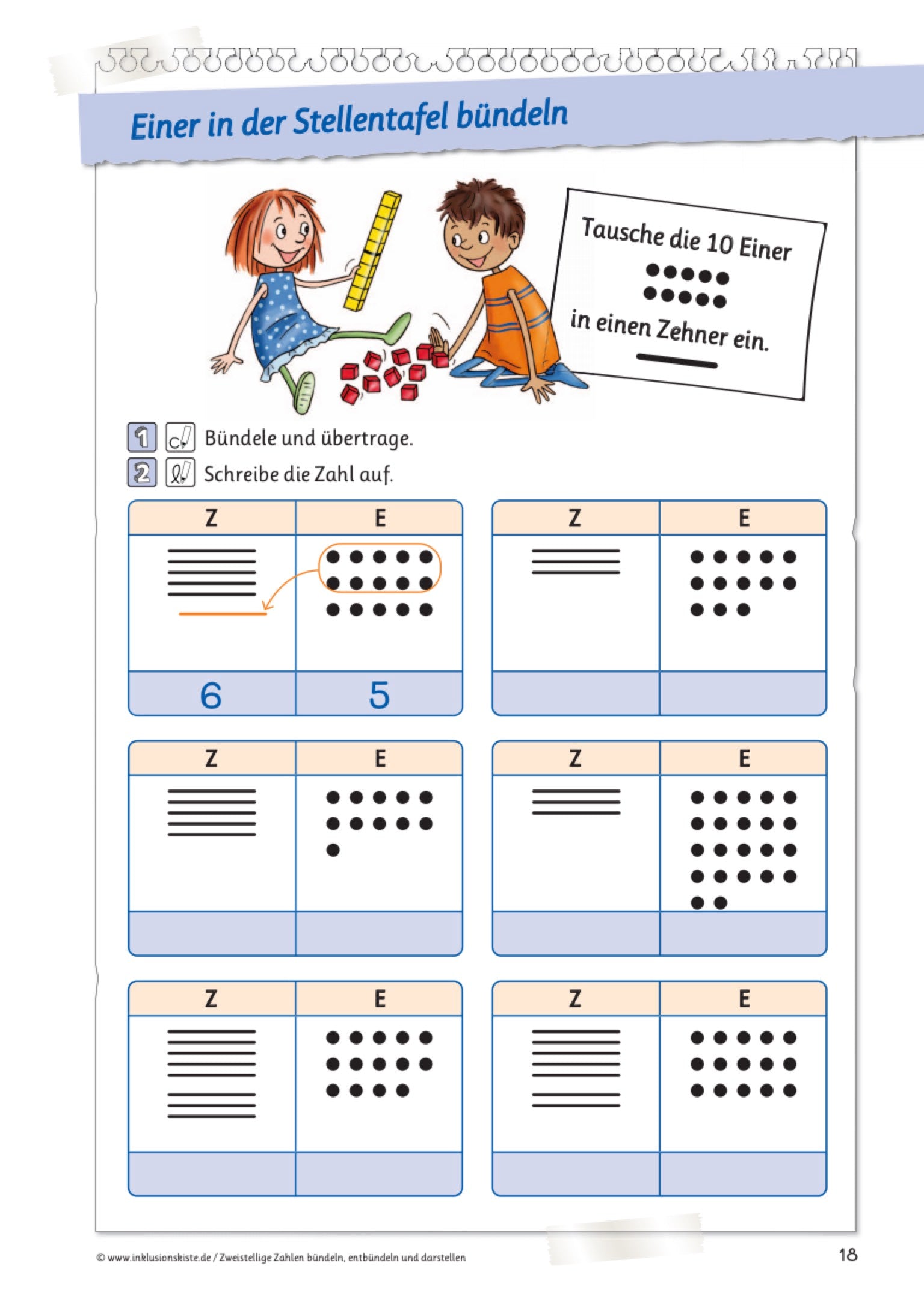 Arbeitsblatt des E-Books: `Zweistellige Zahlen bündeln, entbündeln und darstellen` mit Aufgaben zum Bündeln