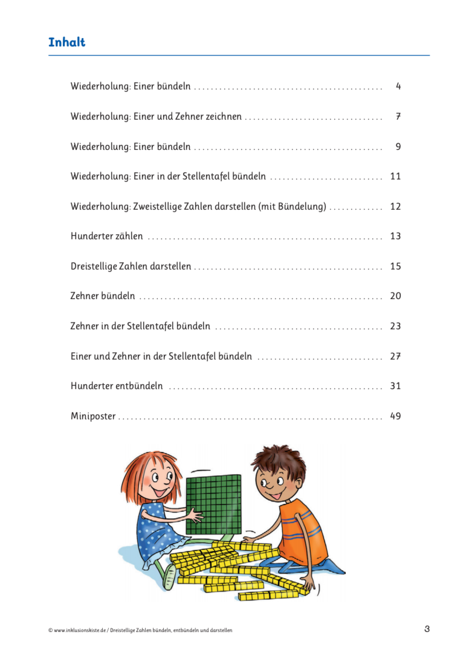 Inhaltsverzeichnis des E-Books: ´Dreistellige Zahlen bündeln, entbündeln und darstellen`
