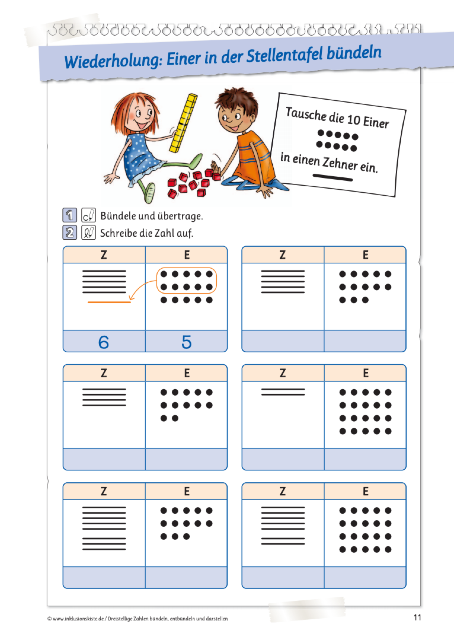 Arbeitsblatt des E-Books: ´Dreistellige Zahlen bündeln, entbündeln und darstellen` mit grafische Darstellungen von Zehnern und Einern