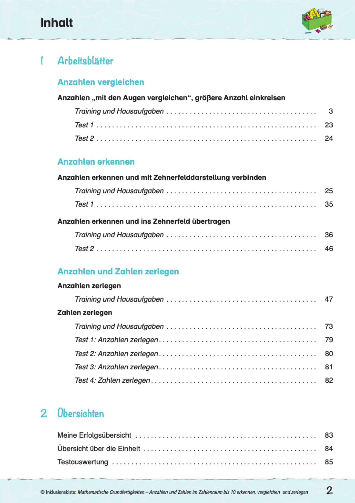 Inhaltsverzeichnis des E-Books: `Mathematische Grundfertigkeiten - Anzahlen und Zahlen im Zahlenraum bis 10 erkennen, vergleichen und zerlegen`