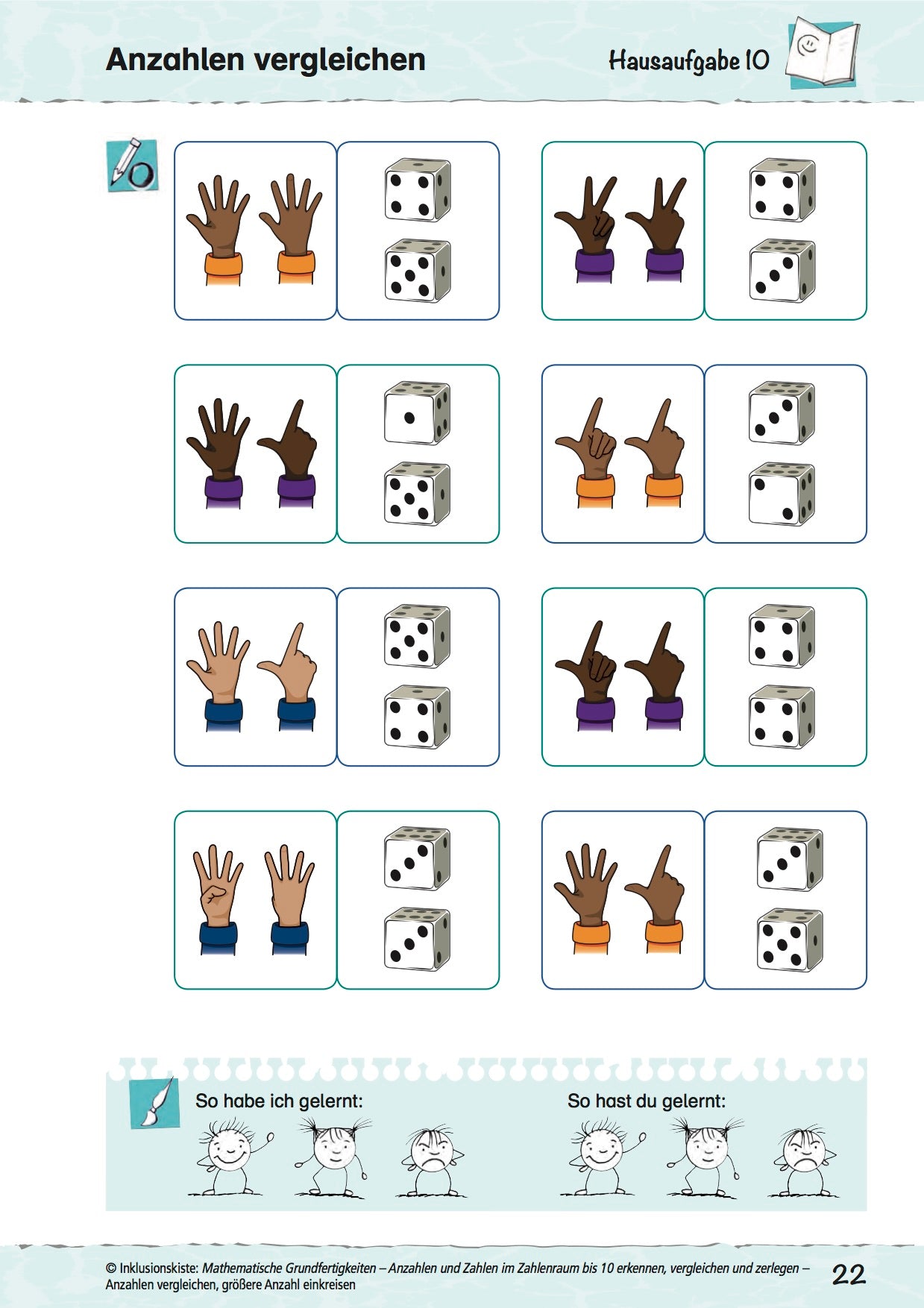 Arbeitsblatt des E-Books: `Mathematische Grundfertigkeiten - Anzahlen und Zahlen im Zahlenraum bis 10 erkennen, vergleichen und zerlegen`mit Finger- und Würfelbildern