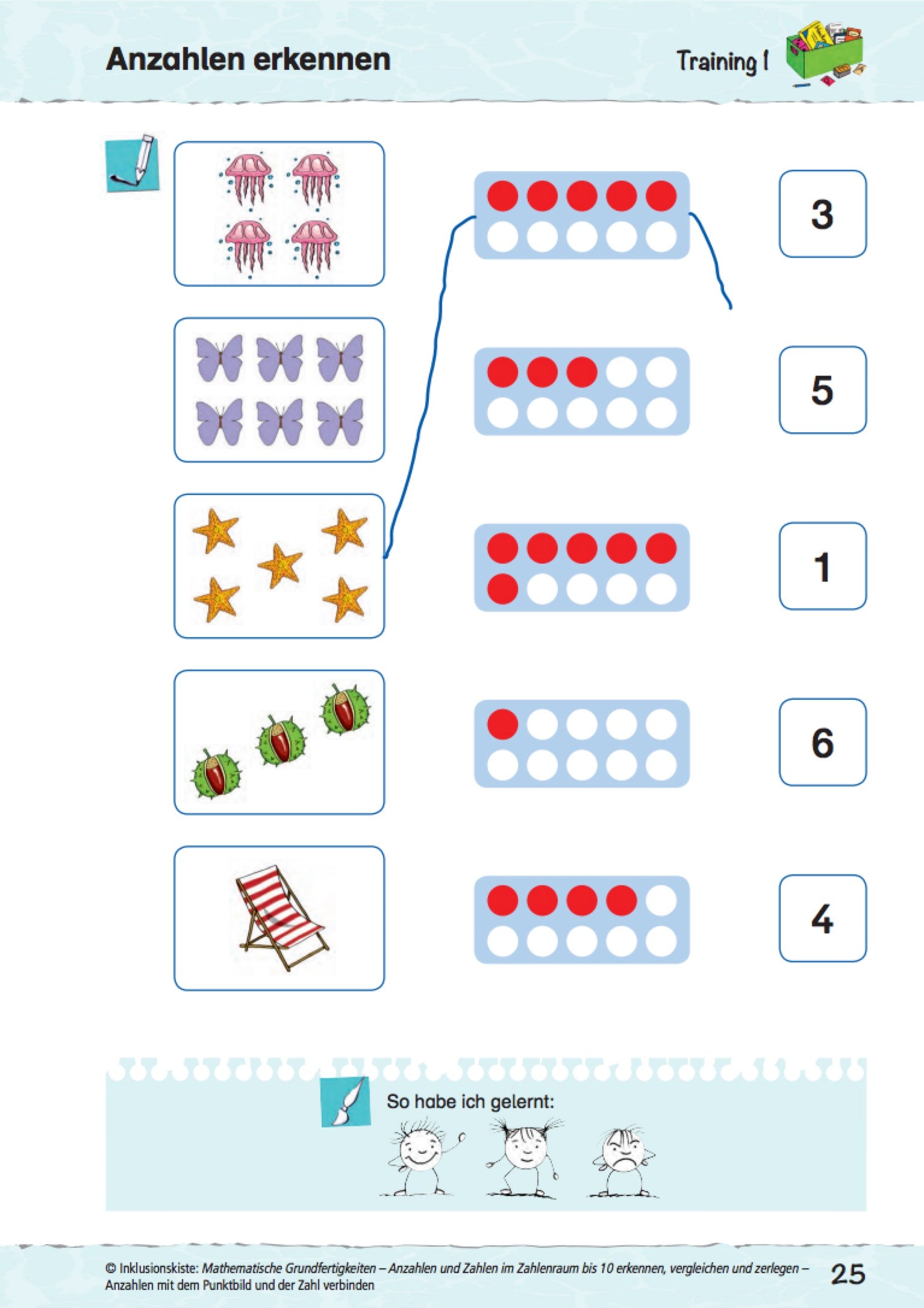 Arbeitsblatt des E-Books: `Mathematische Grundfertigkeiten - Anzahlen und Zahlen im Zahlenraum bis 10 erkennen, vergleichen und zerlegen`mit Mengen- und Punktbildern