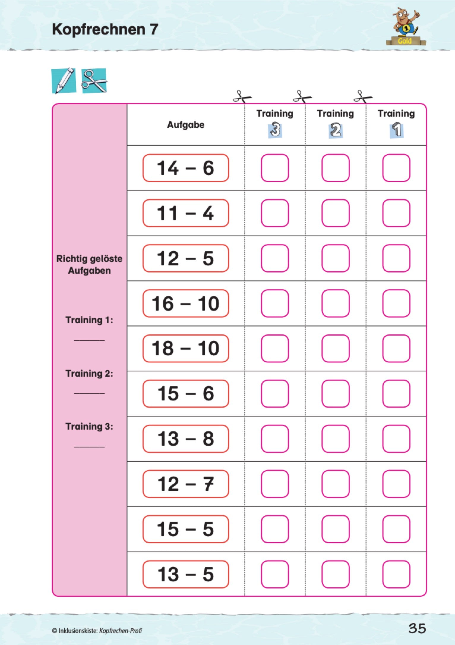 Arbeitsblatt des E-Books: `Kopfrechen-Profi: Rechnen bis 20` mit Subtraktionsaufgaben