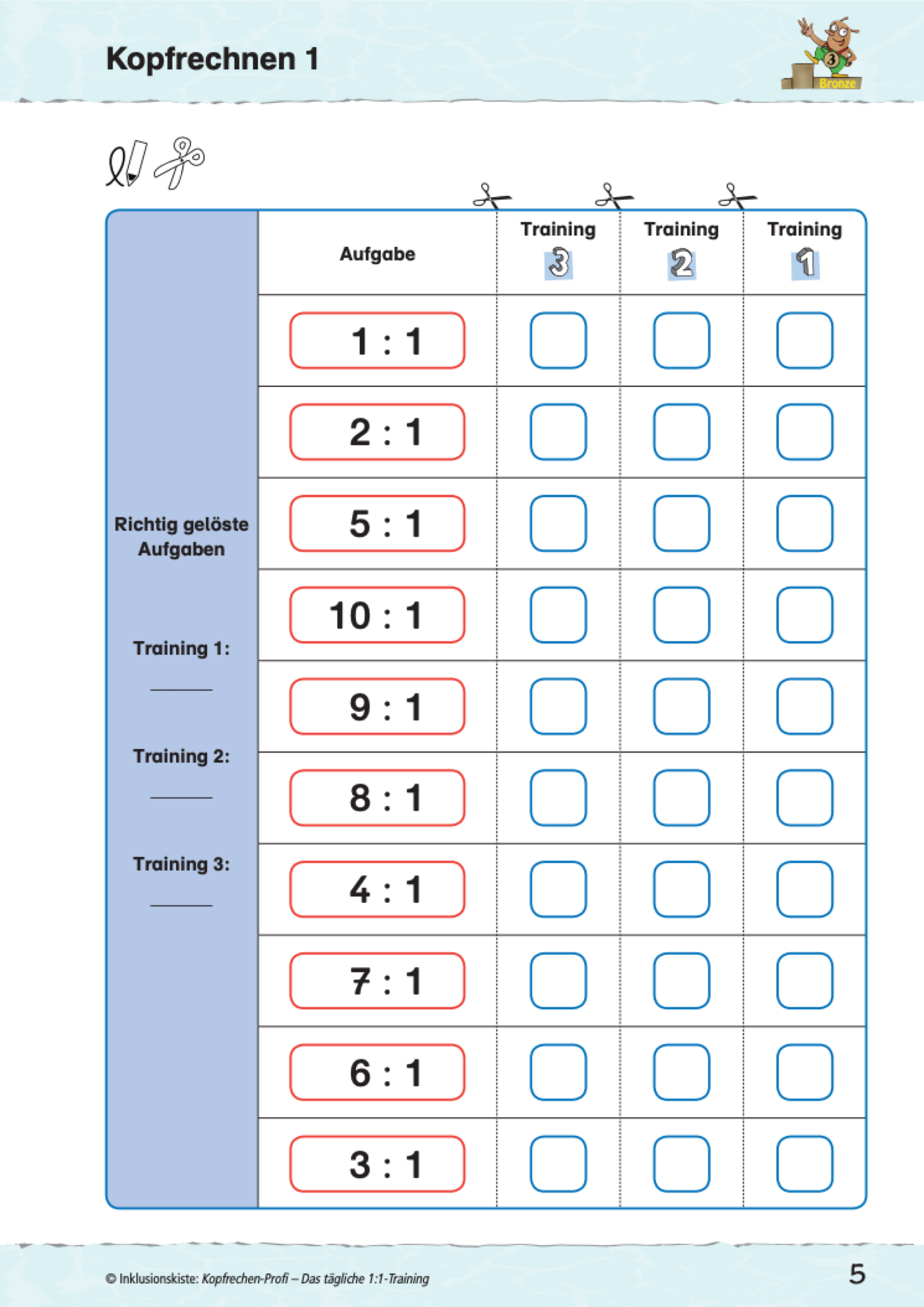 Arbeitsblatt mit Kernaufgaben des Einsdurcheins aus dem E-Books: ´Kopfrechen-Profi: Das tägliche 1:1-Training`