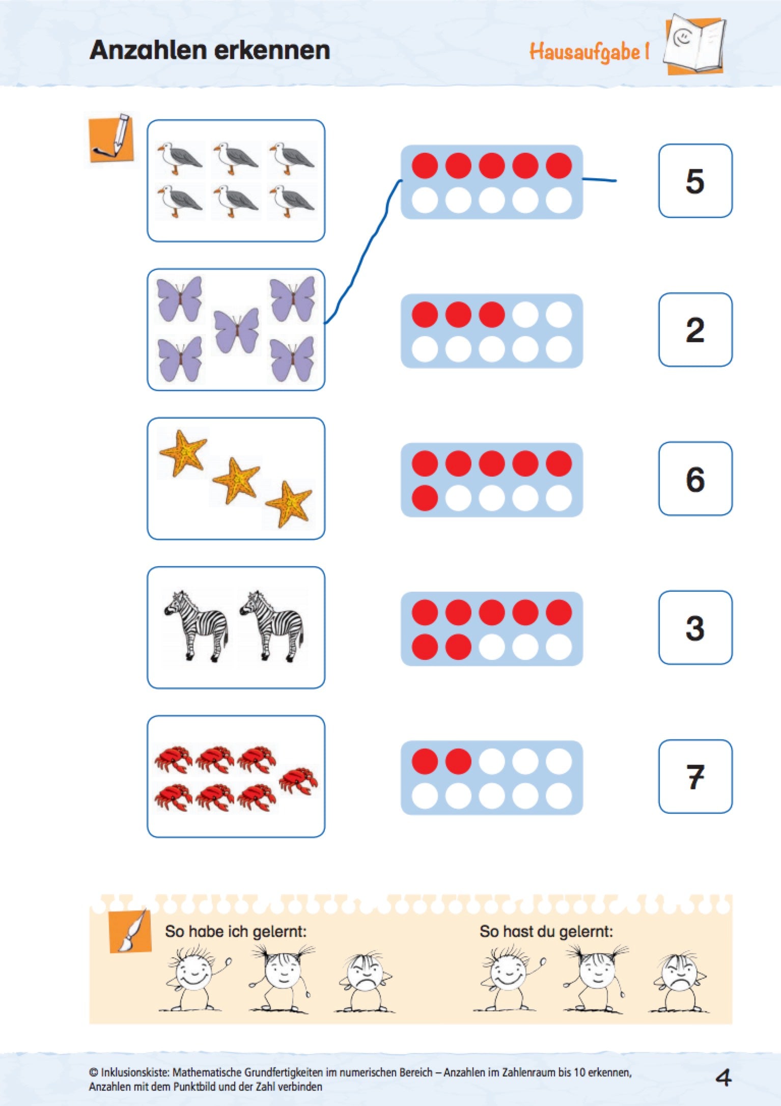 Arbeitsblatt des E-Books `Anzahlen im Zahlenraum bis 10 erkennen` mit Mengen, Punktbildern und Ziffern