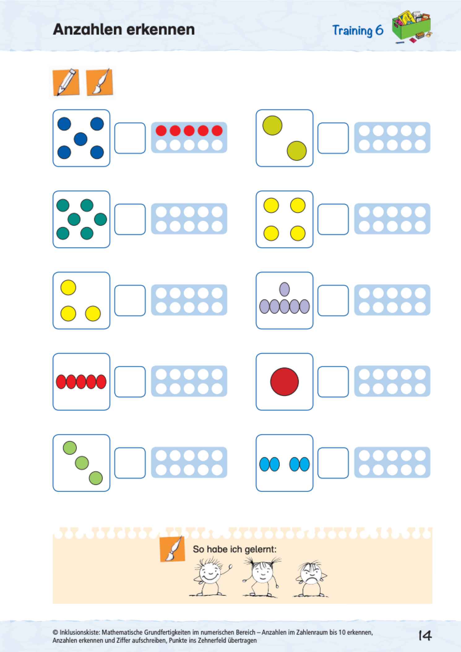 Arbeitsblatt für Erstklässler mit Anzahlbildern und Zehnerfeldern zum Erkennen von Anzahlen