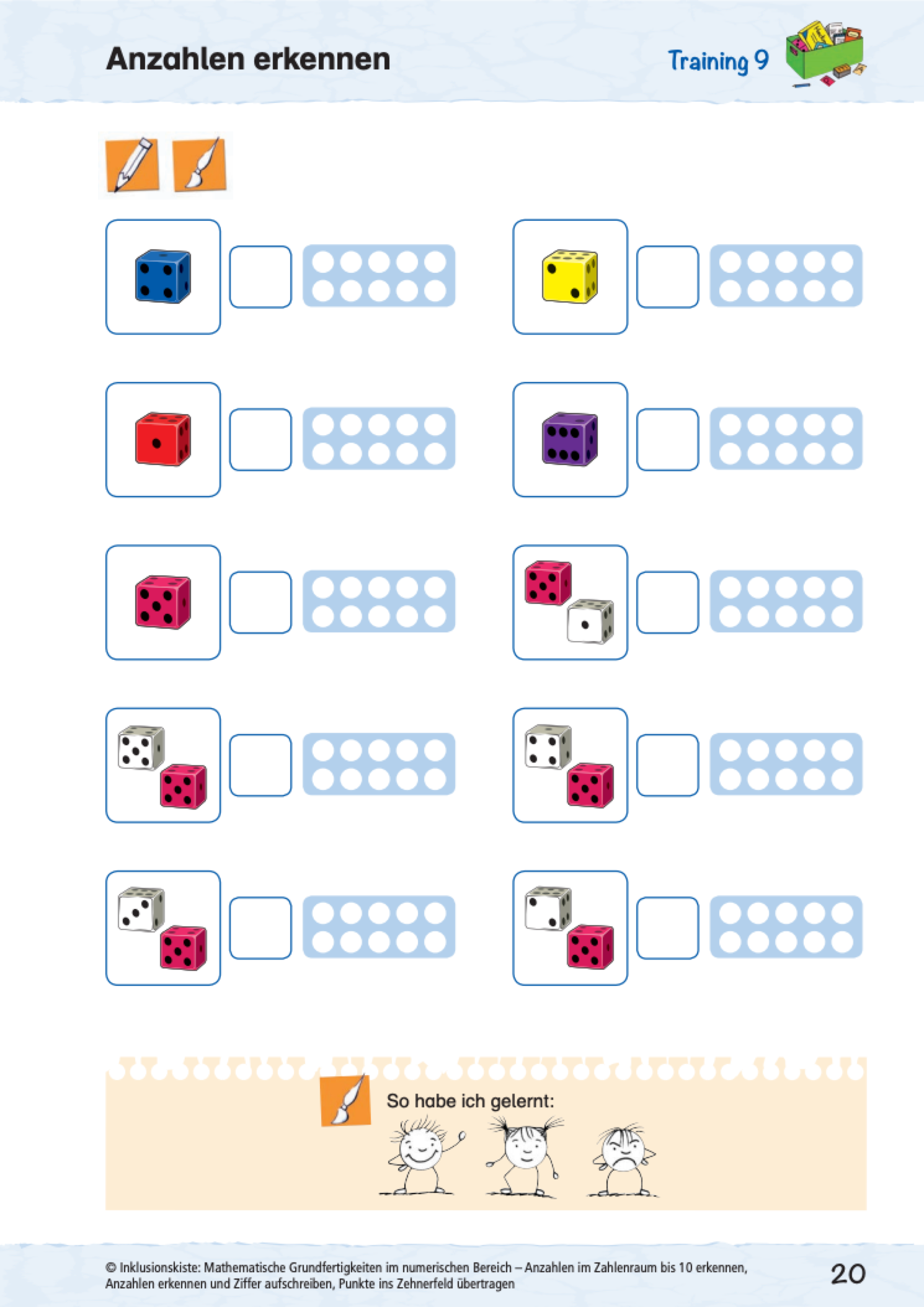 Arbeitsblatt für Erstklässler mit Würfelbildern und Zehnerfeldern zum Erkennen von Anzahlen