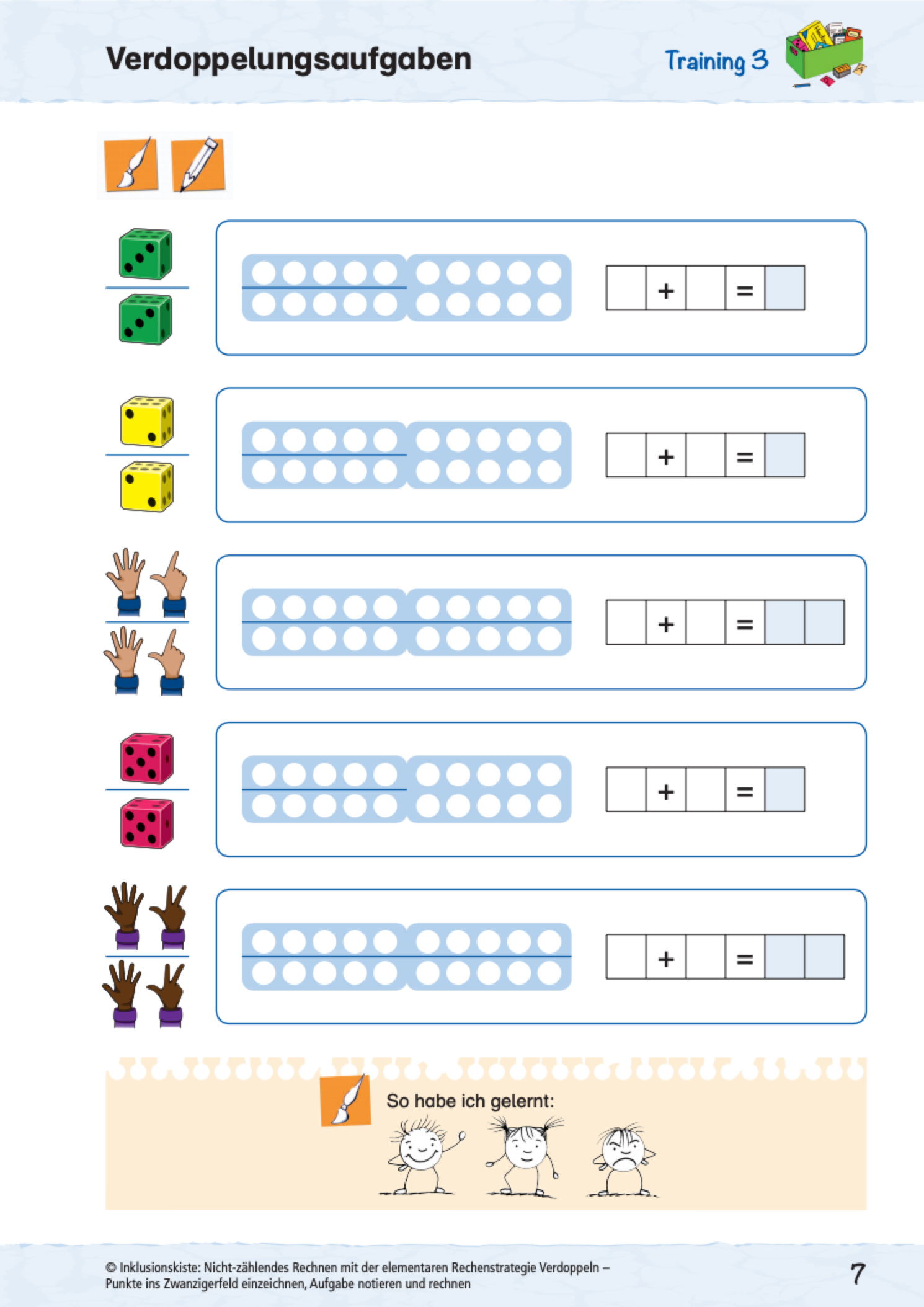 Arbeitsblatt aus dem E-Book „Nicht-zählende Rechenstrategie Verdoppeln" Mit Finger- und Würfelbildern werden Verdopplungen auf dem Aufgabenblatt anschaulich dargestellt. Die Kinder übertragen die bildliche Darstellung ins Zwanziger-Punktfeld und notieren die Aufgabe.