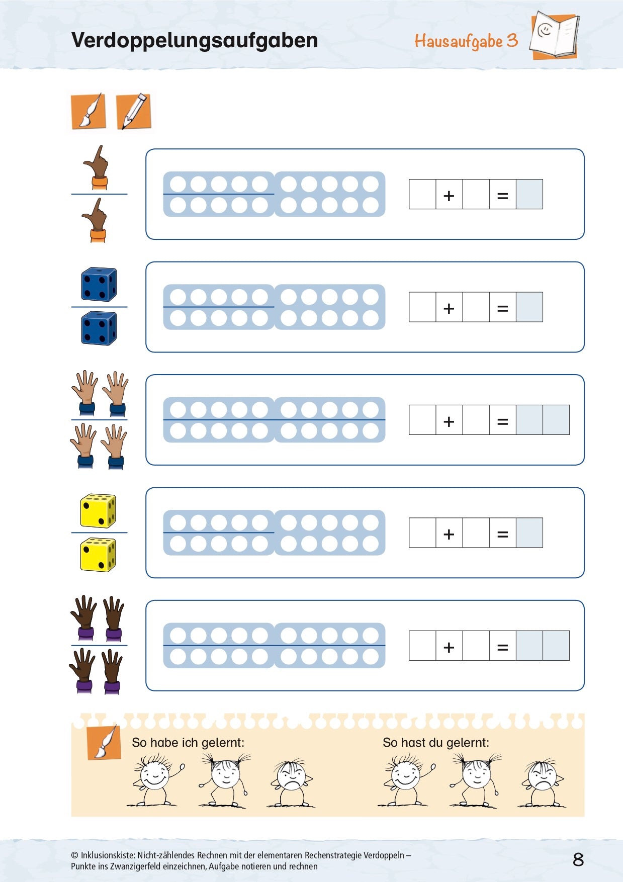 Arbeitsblatt des Materialpaketes: `Nicht-zählendes Rechnen mit Rechenstrategien` mit Verdoppelungsaufgaben