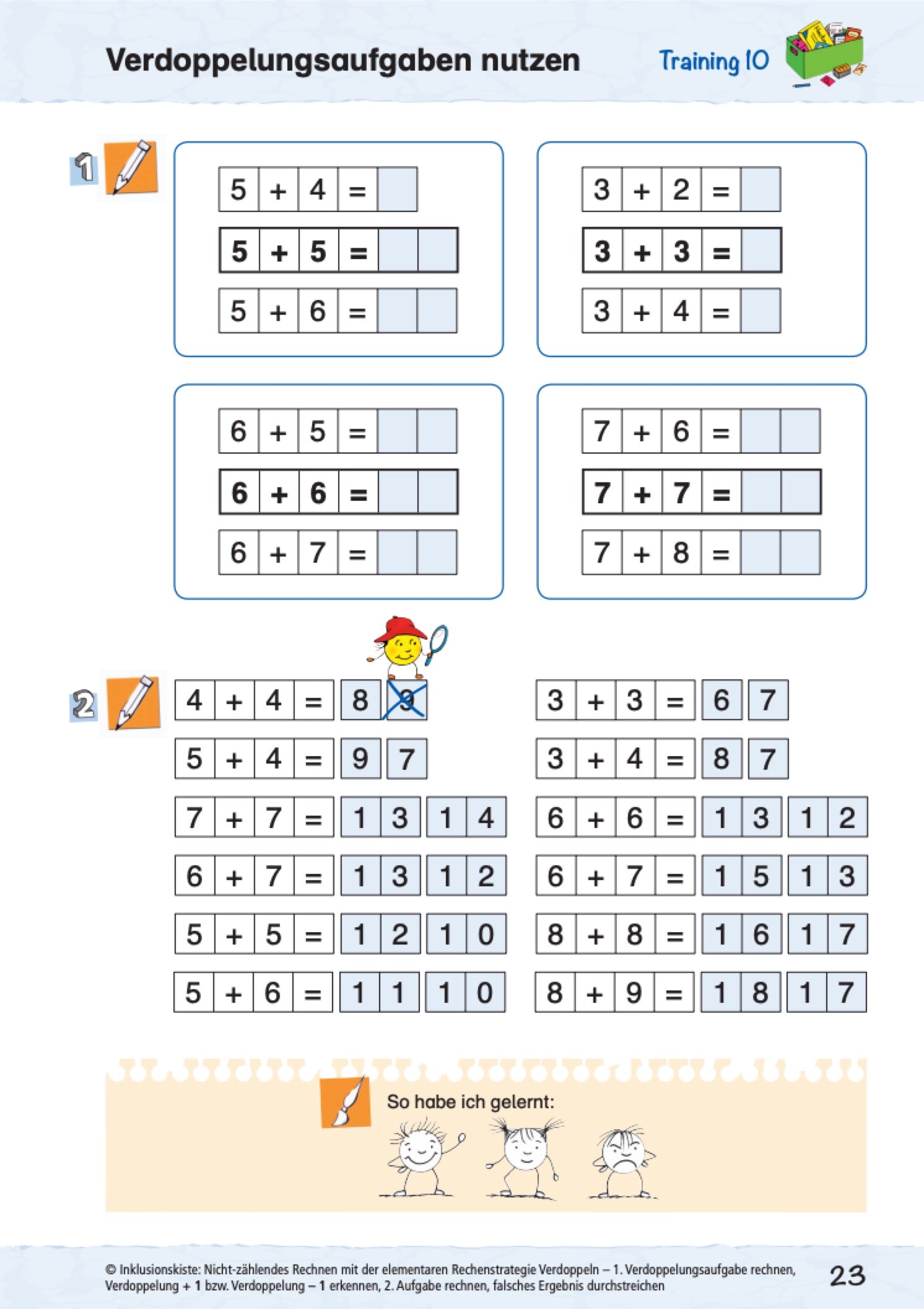 Arbeitblatt für Erstklässler mit Verdopplungsaufgaben bis 20