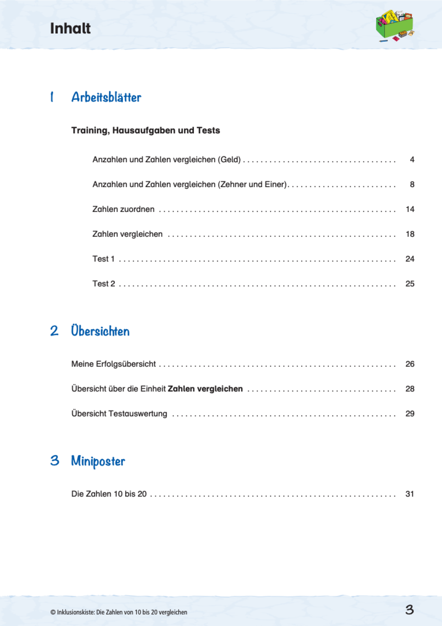 Inhaltsverzeichnis des E-Books: `Die Zahlen von 10 bis 20 vergleichen`