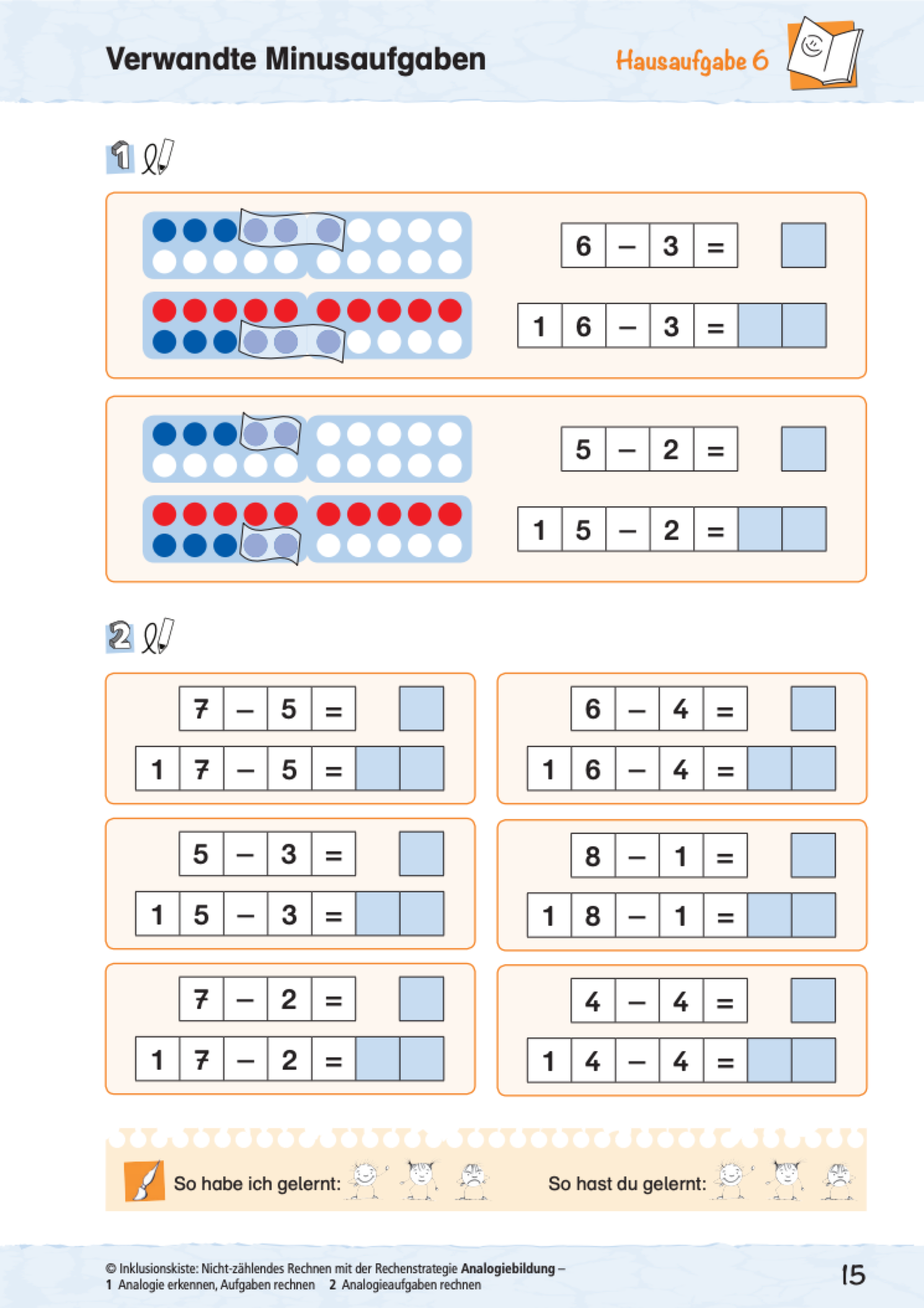 Arbeitsblatt mit verwandten Minusaufgaben des E-Books: `Nicht-zählendes Rechnen mit der Rechenstrategie Analogiebildung`