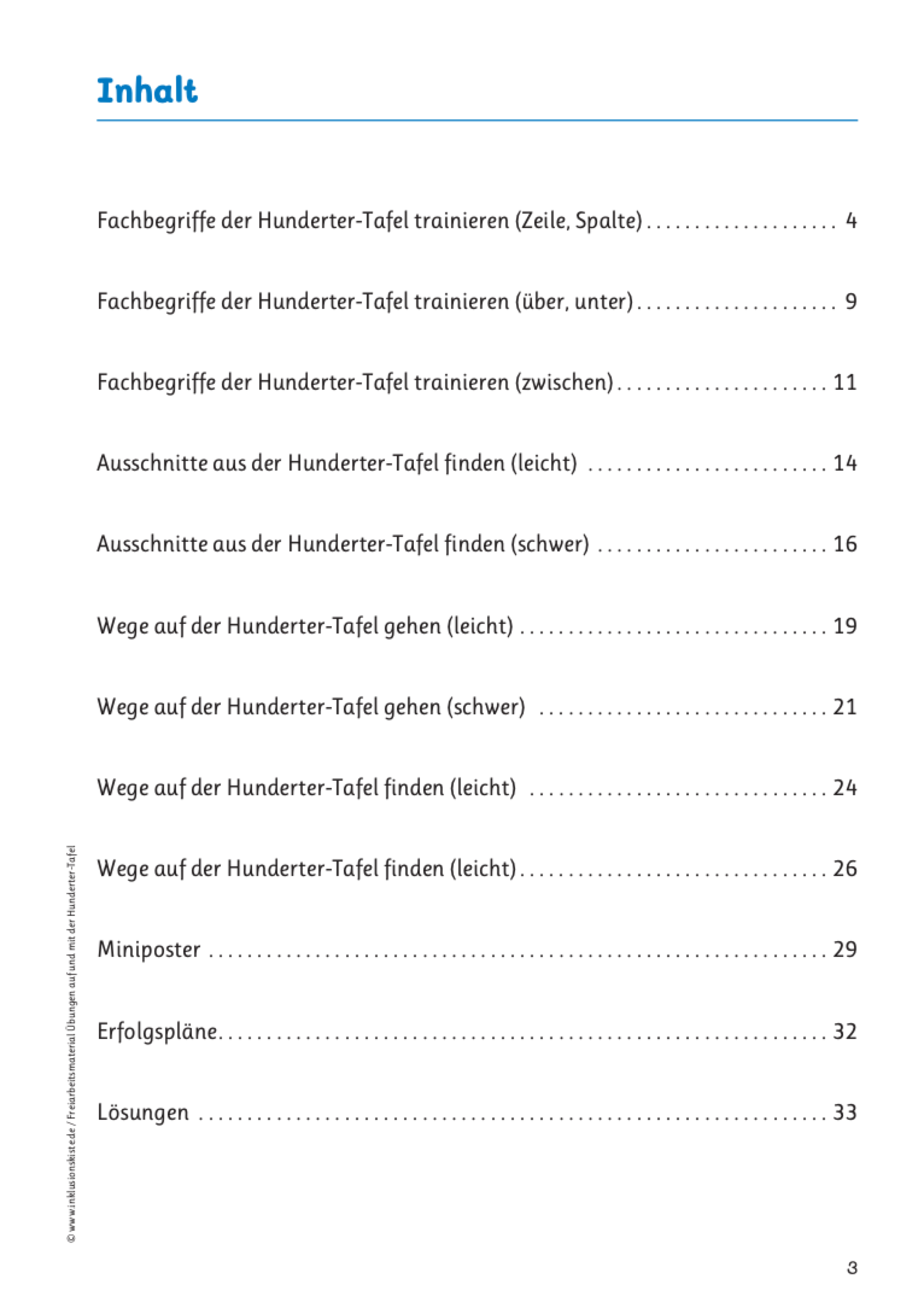 Inhaltsverzeichnis des E-Books: Freiarbeitsmaterial: Übungen auf und mit der Hundertertafel`