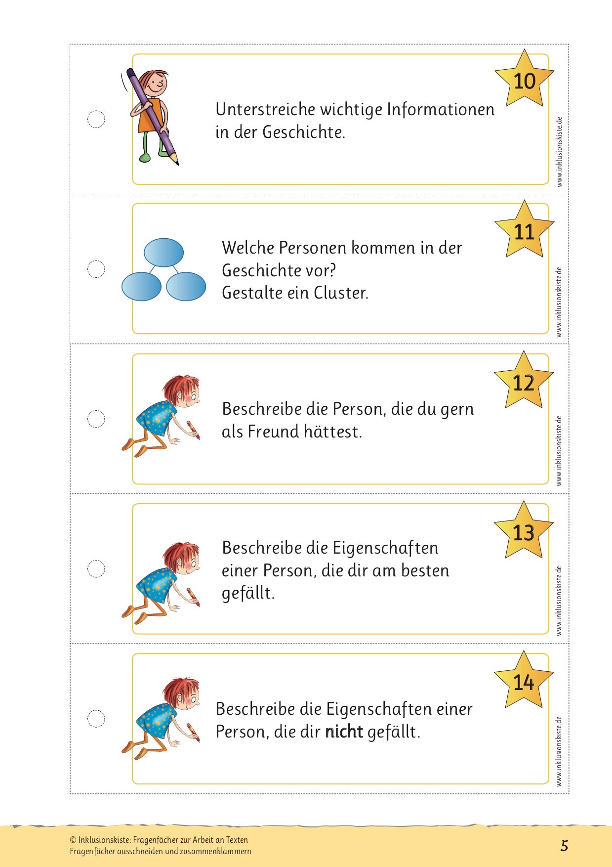 Fünf Teile eines Fragenfächers mit Aufgaben