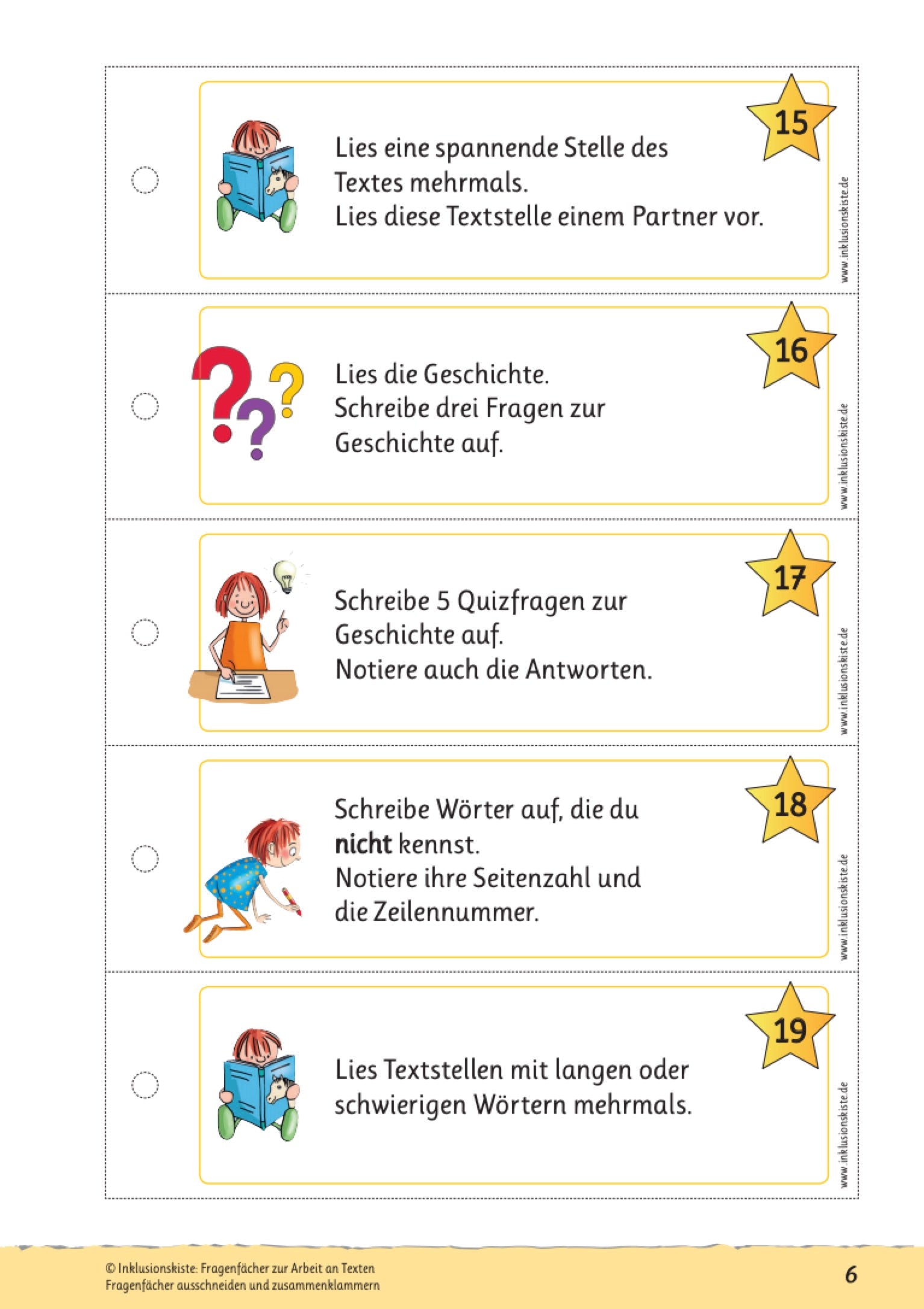 Fünf Teile eines Fragenfächers mit Aufgaben