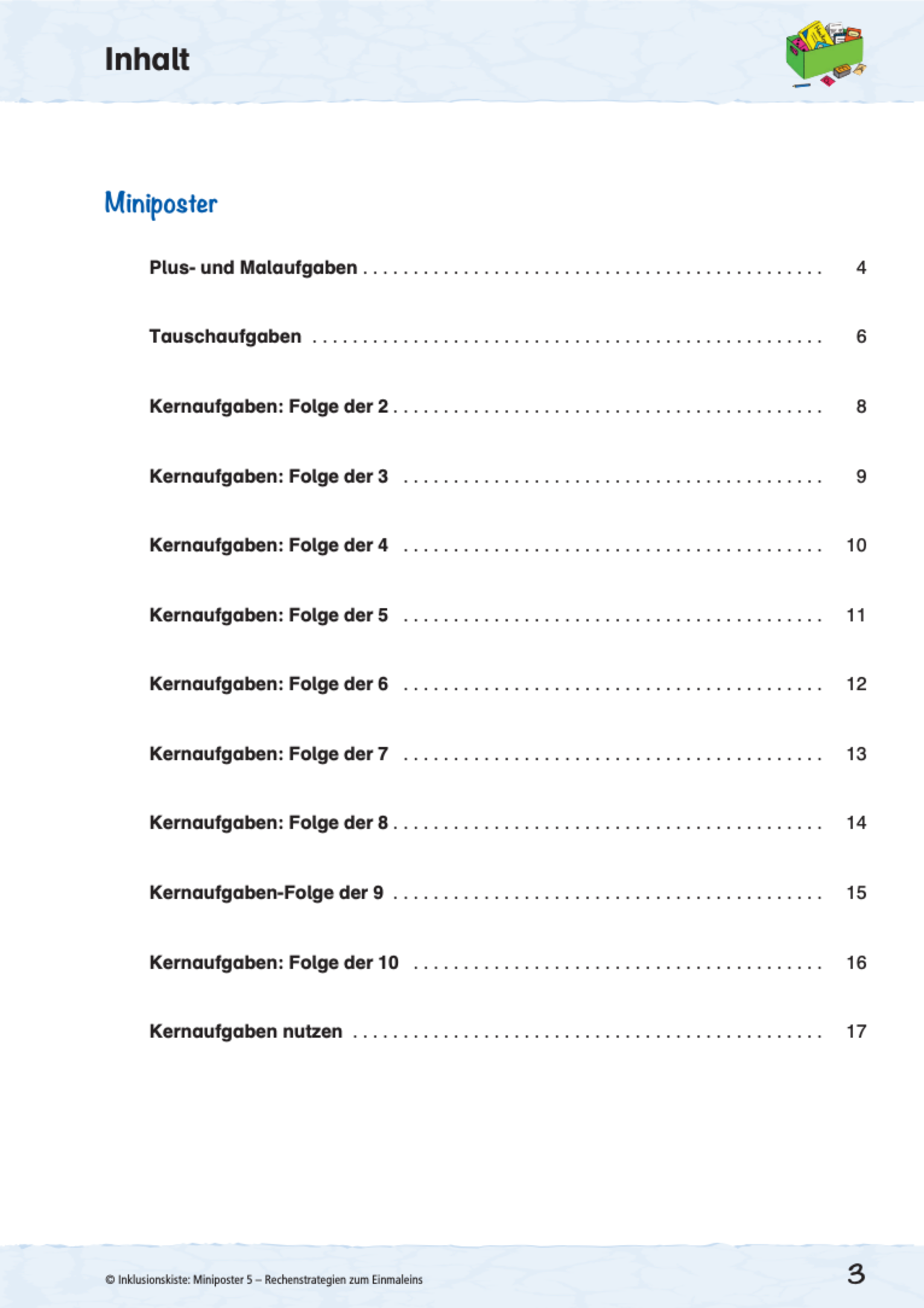 Inhaltsverzeichnis des E-Books: Miniposter5: Rechenstrategien zum Einmaleins`