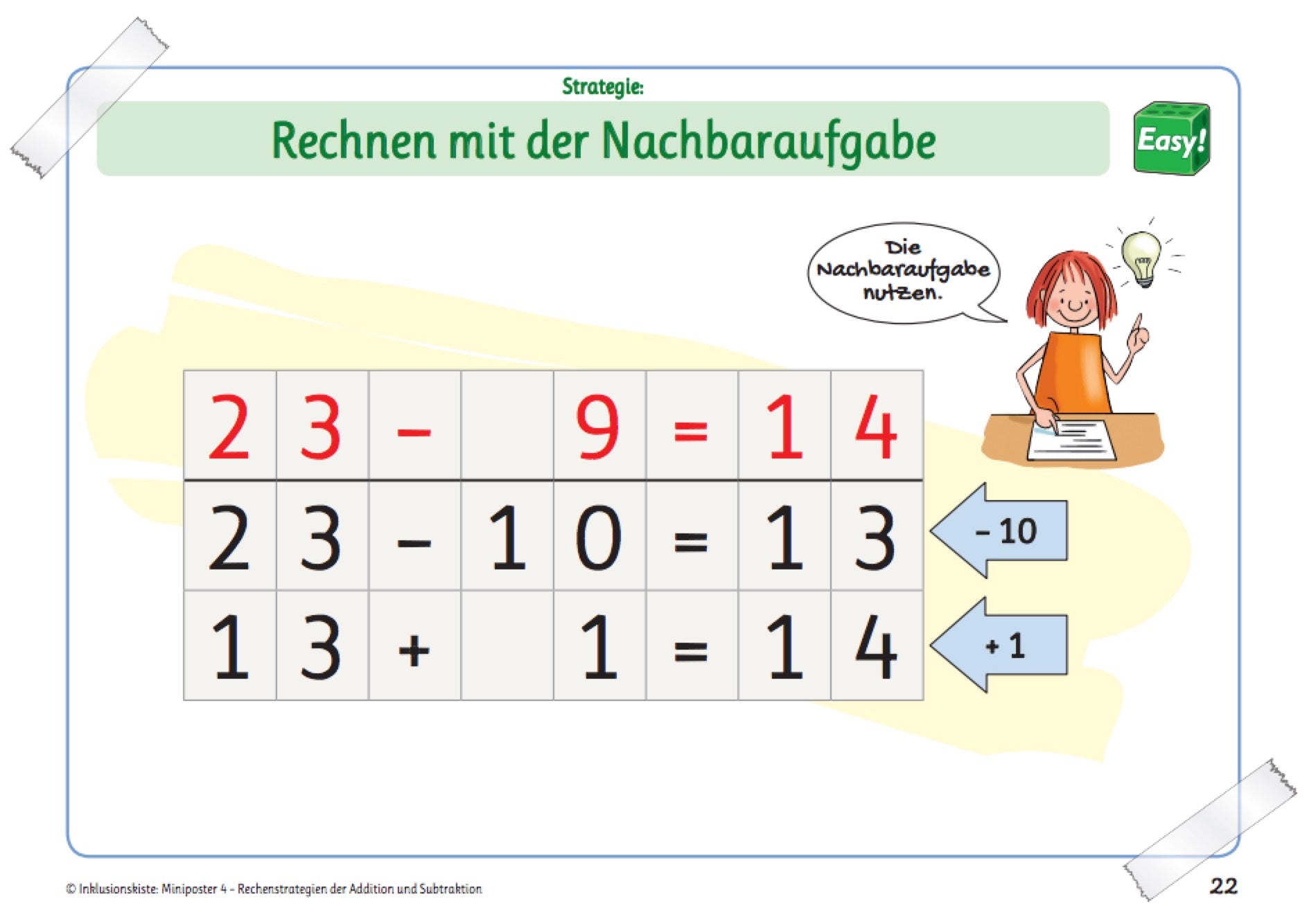 Miniposter mit der Strategie mit Nachbaraufgaben rechnen aus dem E-Book: `Miniposter mit Rechenstrategien der Addition und Subtraktion`