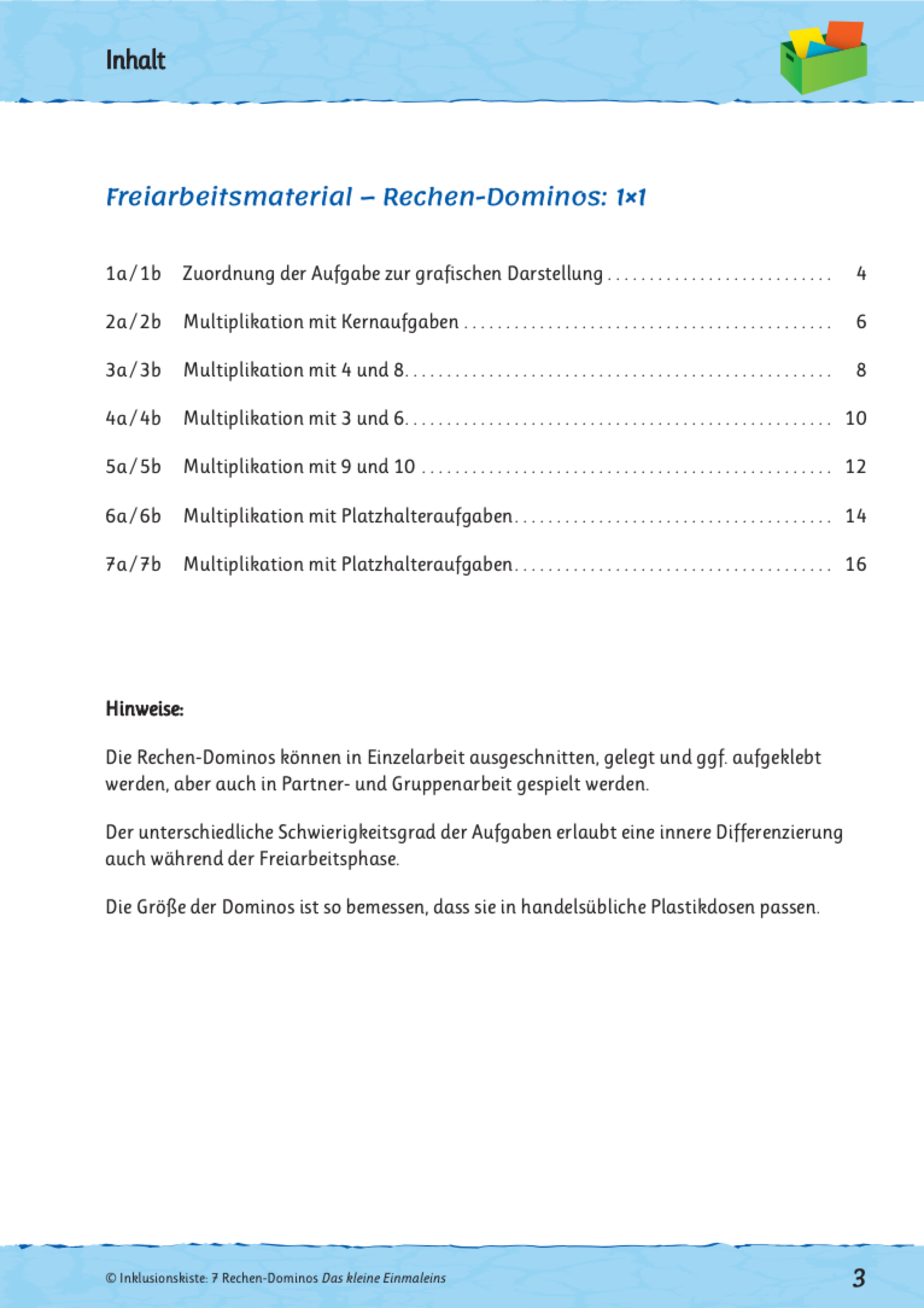 Inhaltsverzeichnis des Lernspiels: `7 Rechen-Dominos - Das kleine Einmaleins`