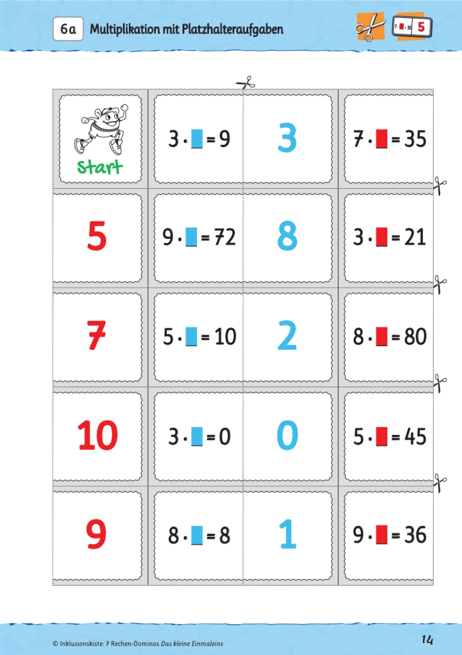 Eine Seite des Lernspiels: ` 7 Rechen-Dominos: Das kleinen Einmaleins`mit zehn Dominokarten mit Platzhalter-Aufgaben