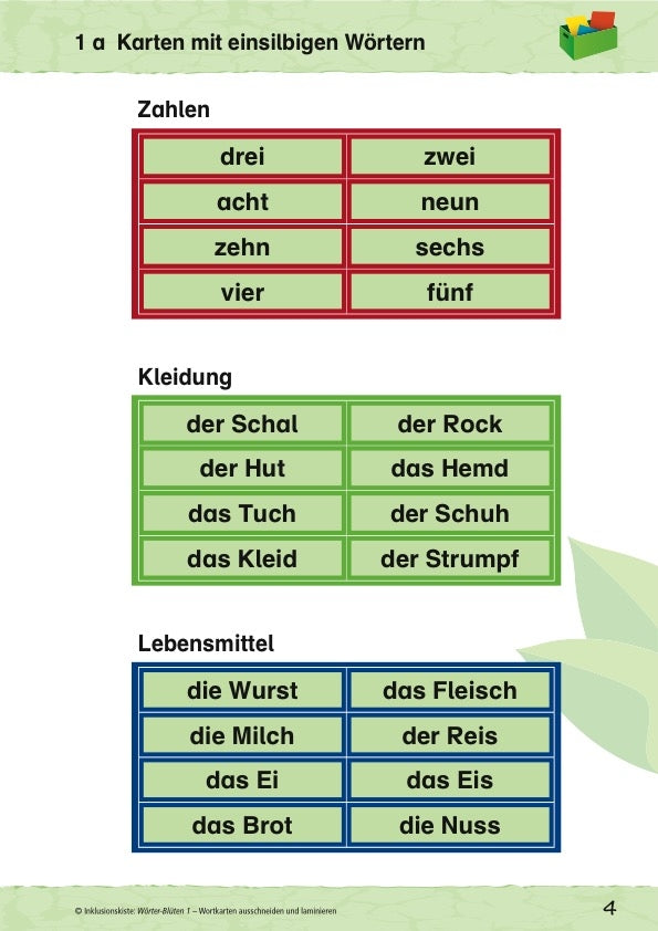 Worrtkarten des Materialpaketes: `Wörter-Blüten 1 & 2`