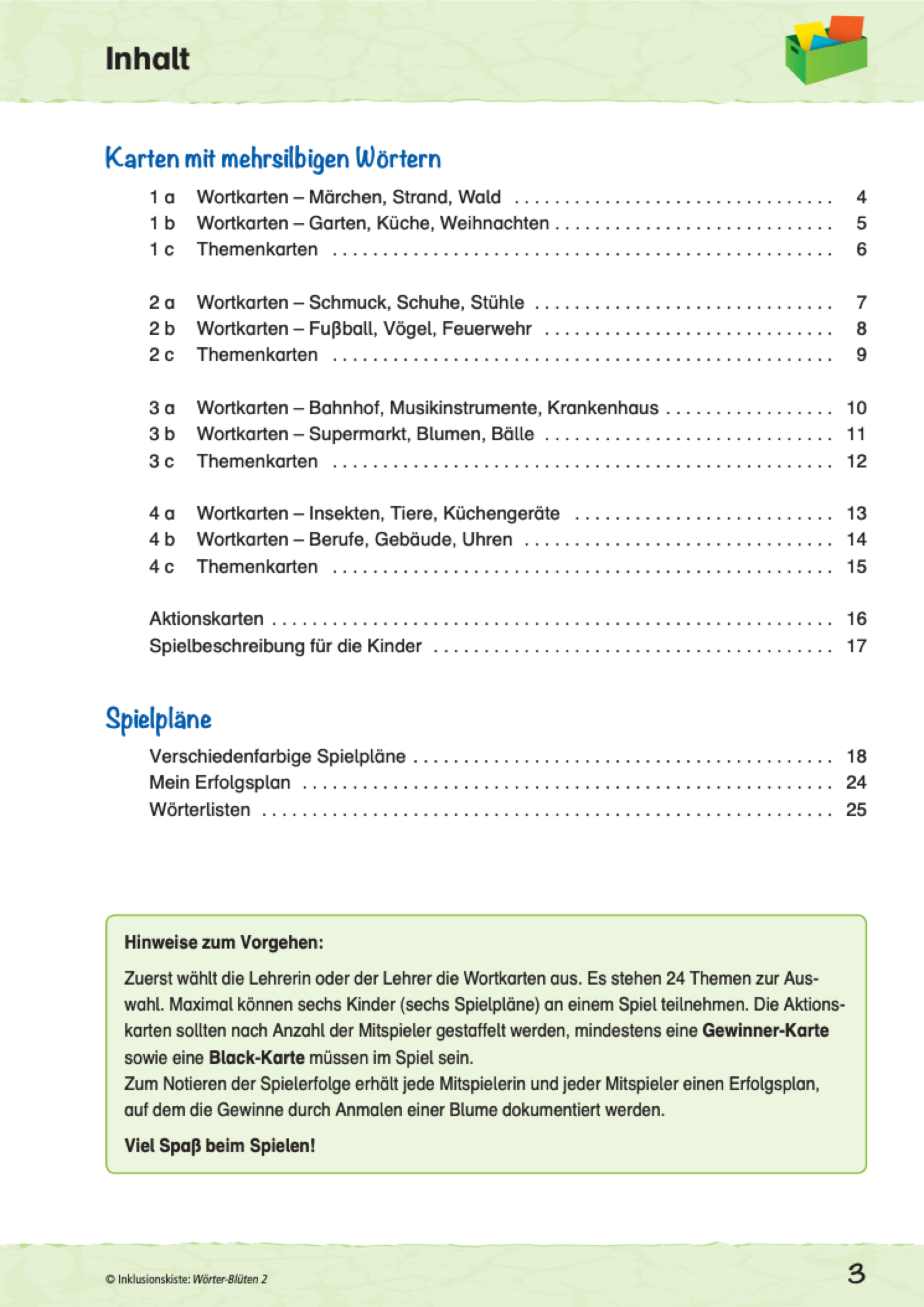 Inhalt des Lernspieles: `Wörter-Blüten 2`