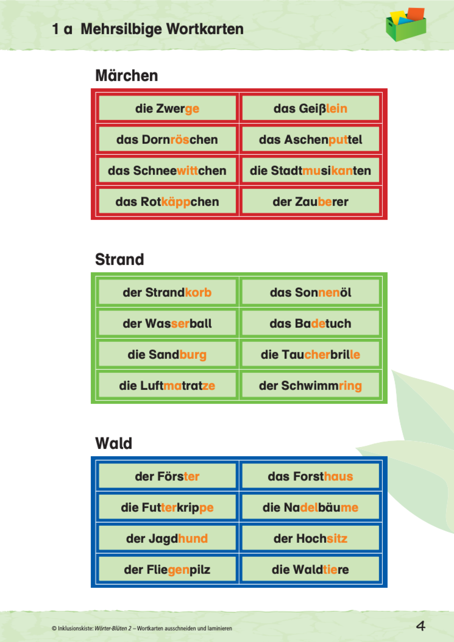 Wortkarten des Lernspieles: `Wörter-Blüten 2`