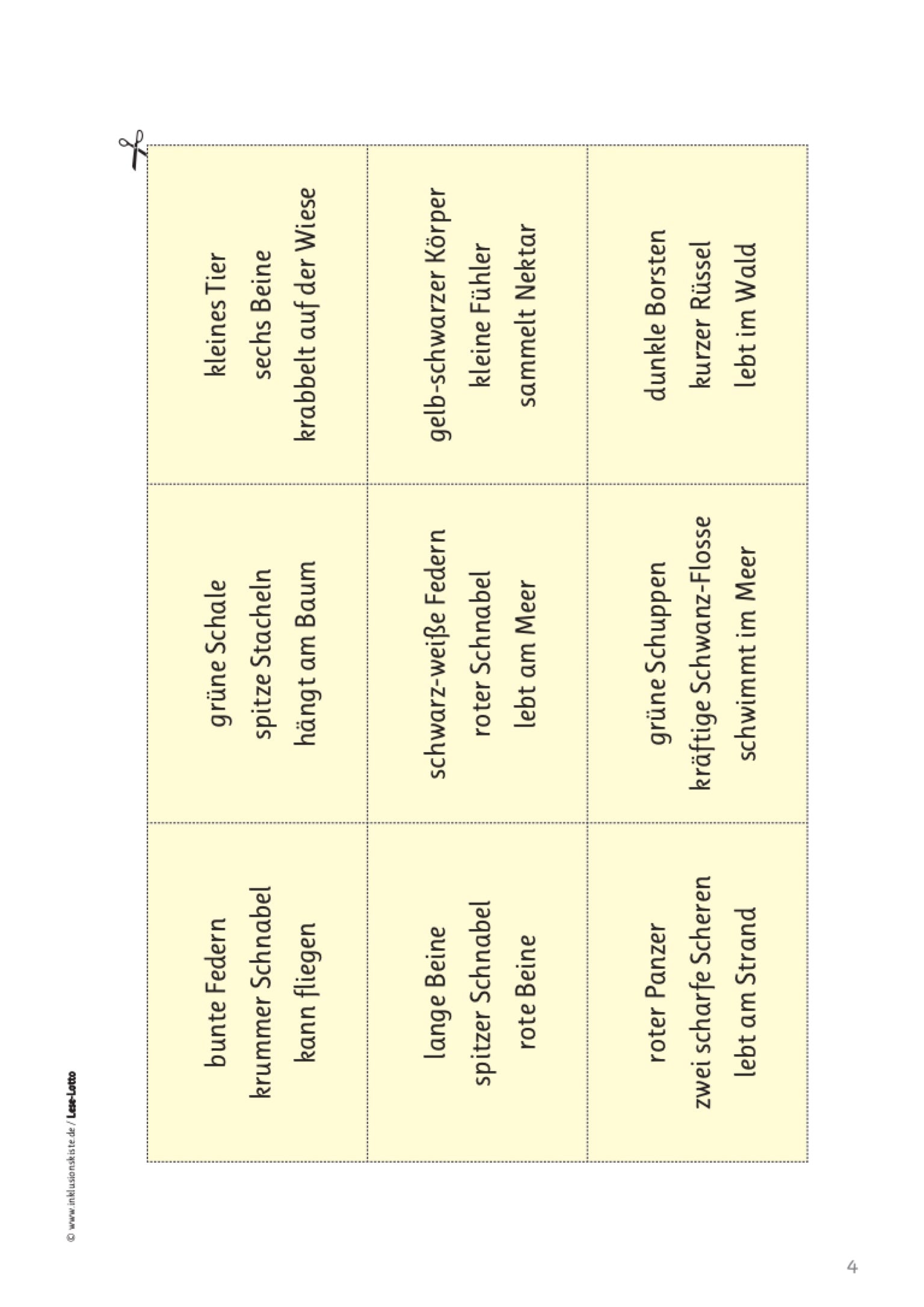 Lottotafel mit Wortgruppen zum Ausschneiden