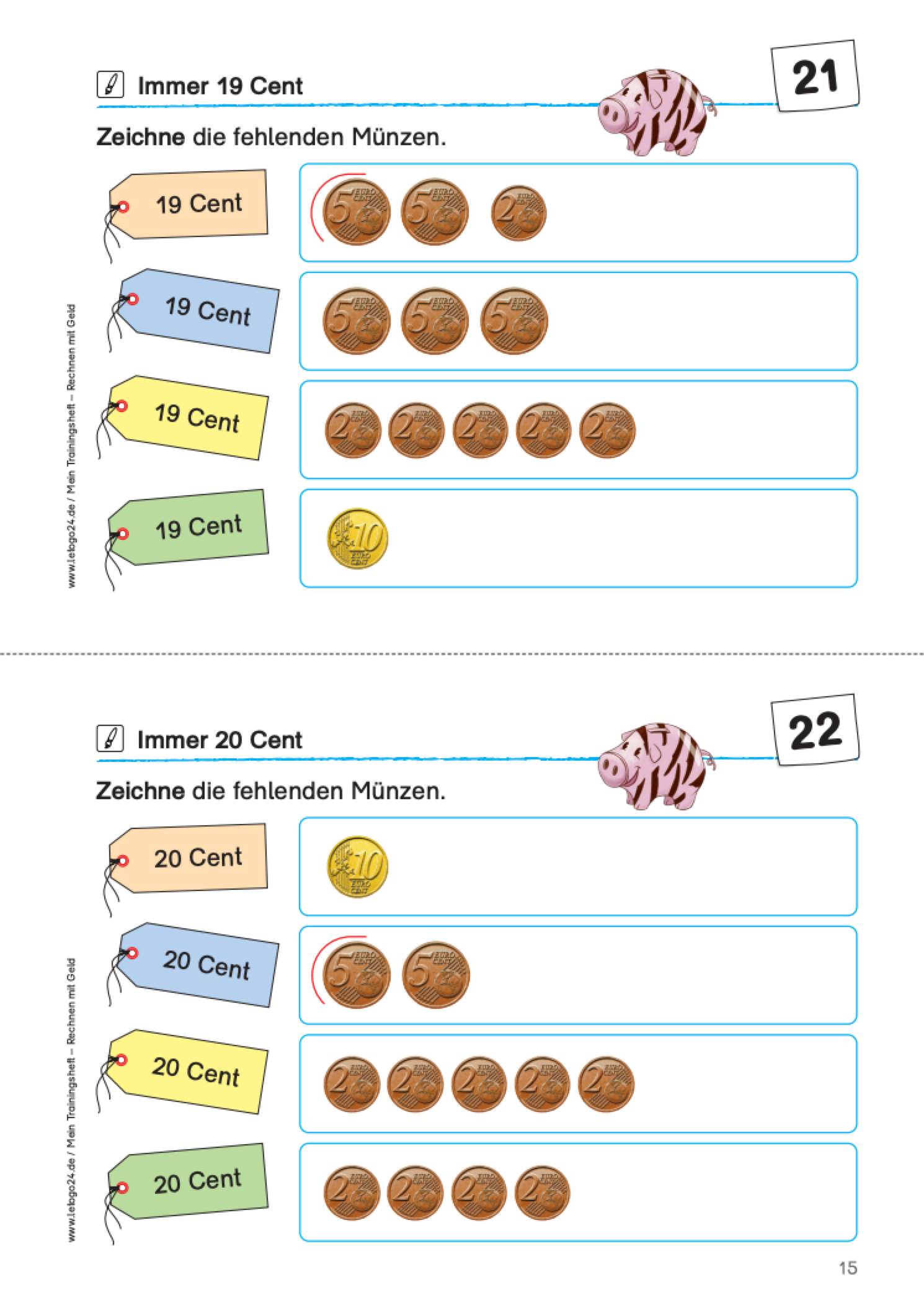Arbeitsblatt zum Rechnen mit Geld in der 1. Klasse