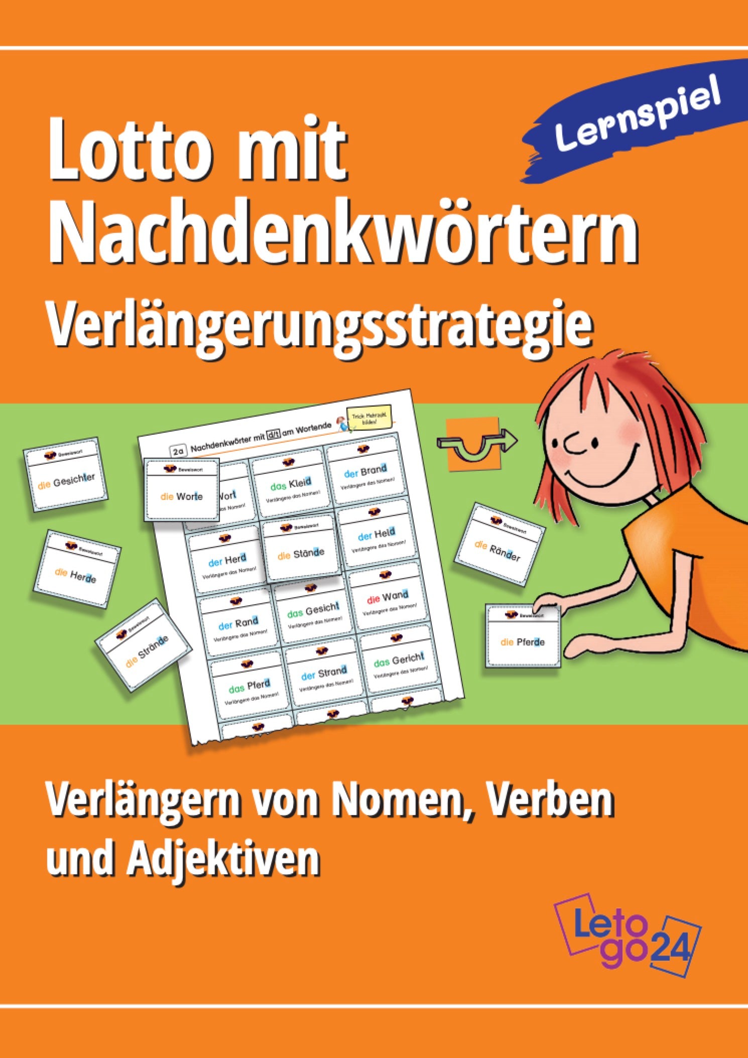 Cover des E-Books `Lotto mit Nachdenkwörtern - Verlängerungsstrategie` mit einer Mädchengrafik und einem Ausschnitt eines Lottospiels von Letogo24