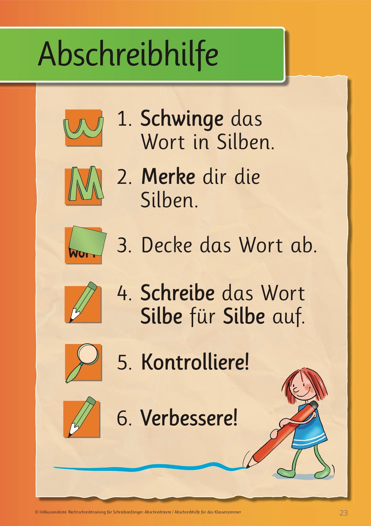 Abschreibhilfe mit Piktogrammen zum richtigen Abschreiben