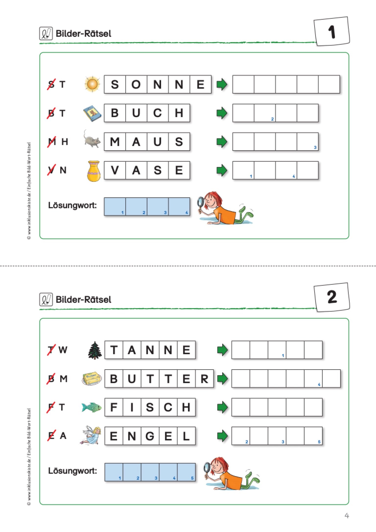 Arbeitsblatt mit Bilder-Rätseln inkl. Grafiken und Wörtern