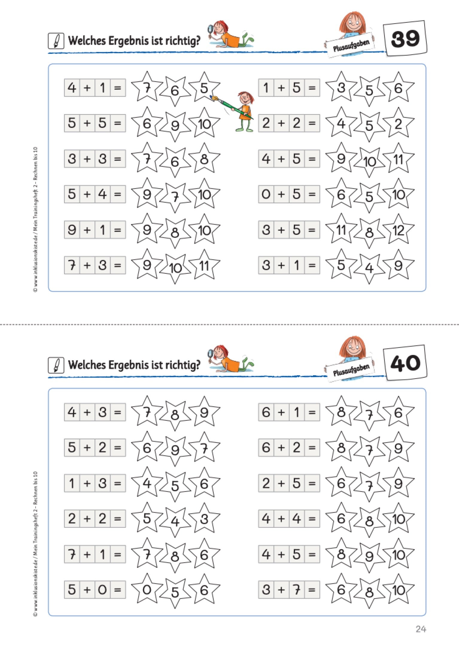Arbeitsblatt für Erstklässler mit Additionsaufgaben bis 10