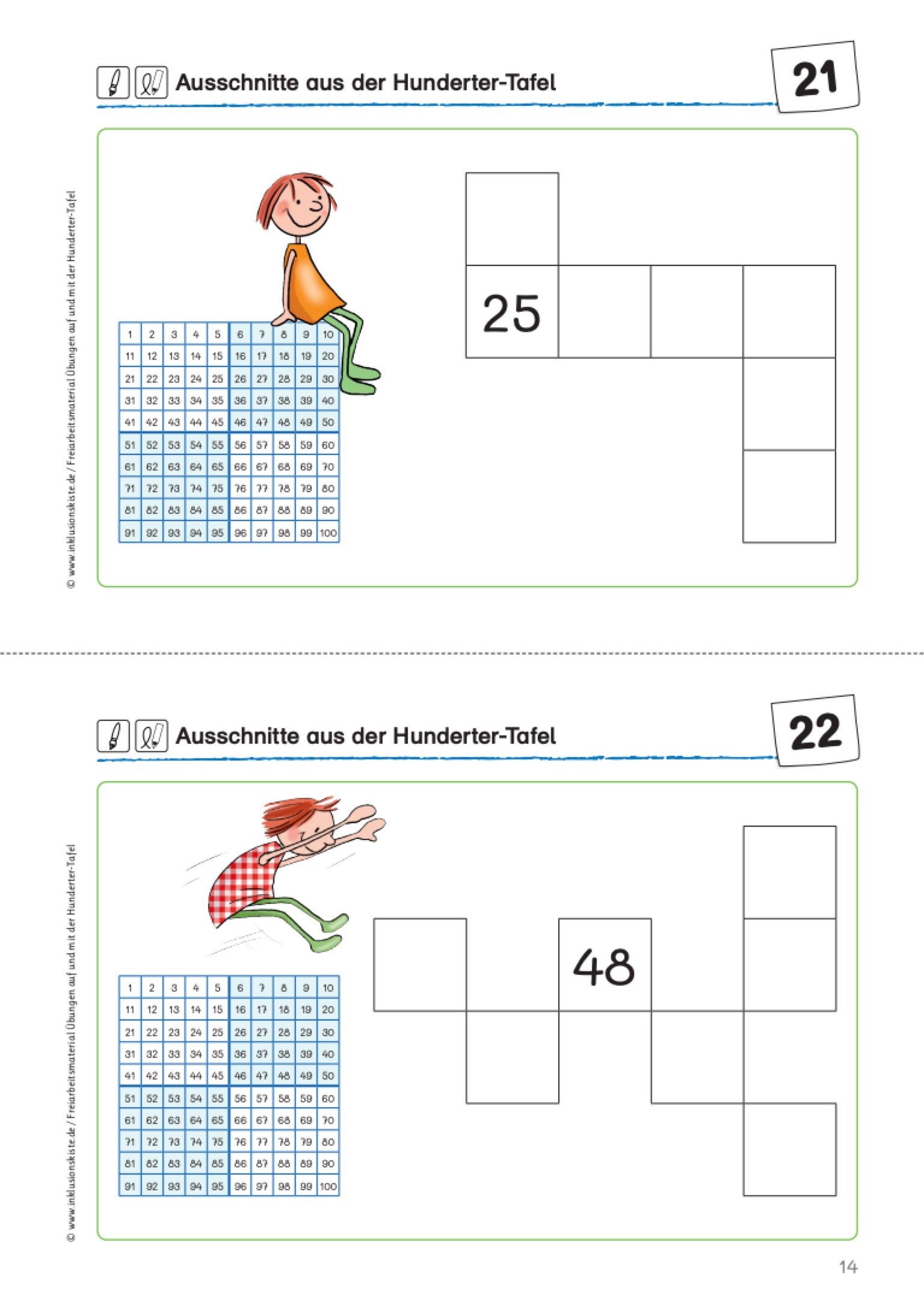 Arbeitsblatt mit der Hundertertafel und Ausschnitten daraus