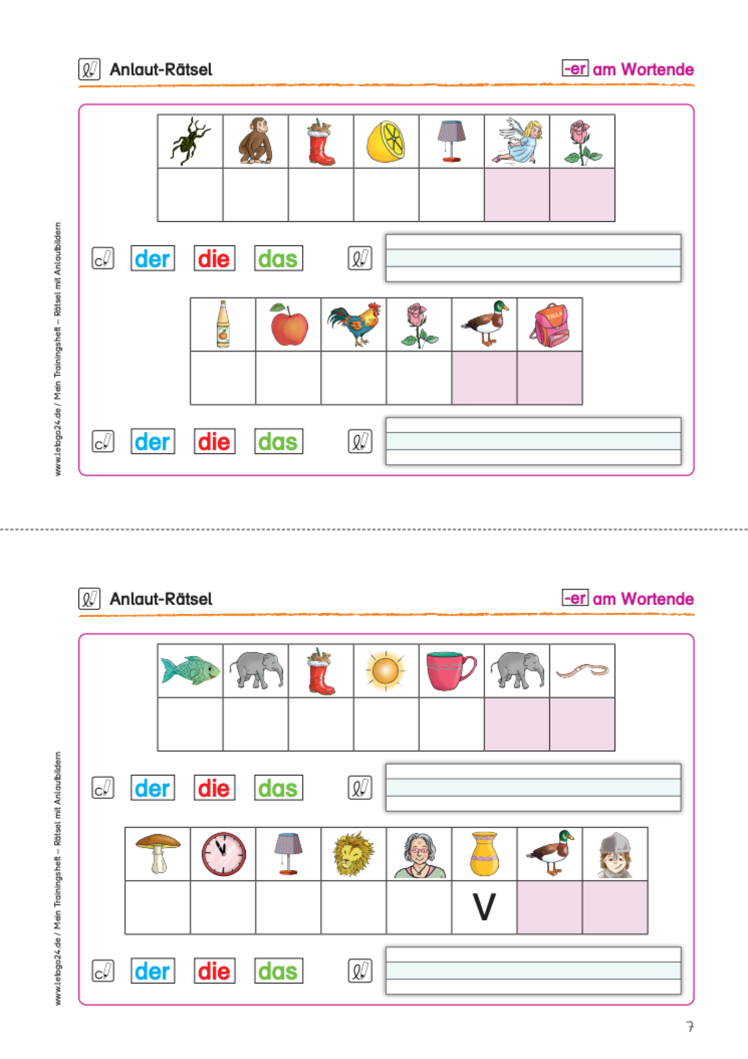 Arbeitsblatt mit zwei Anlauträtseln