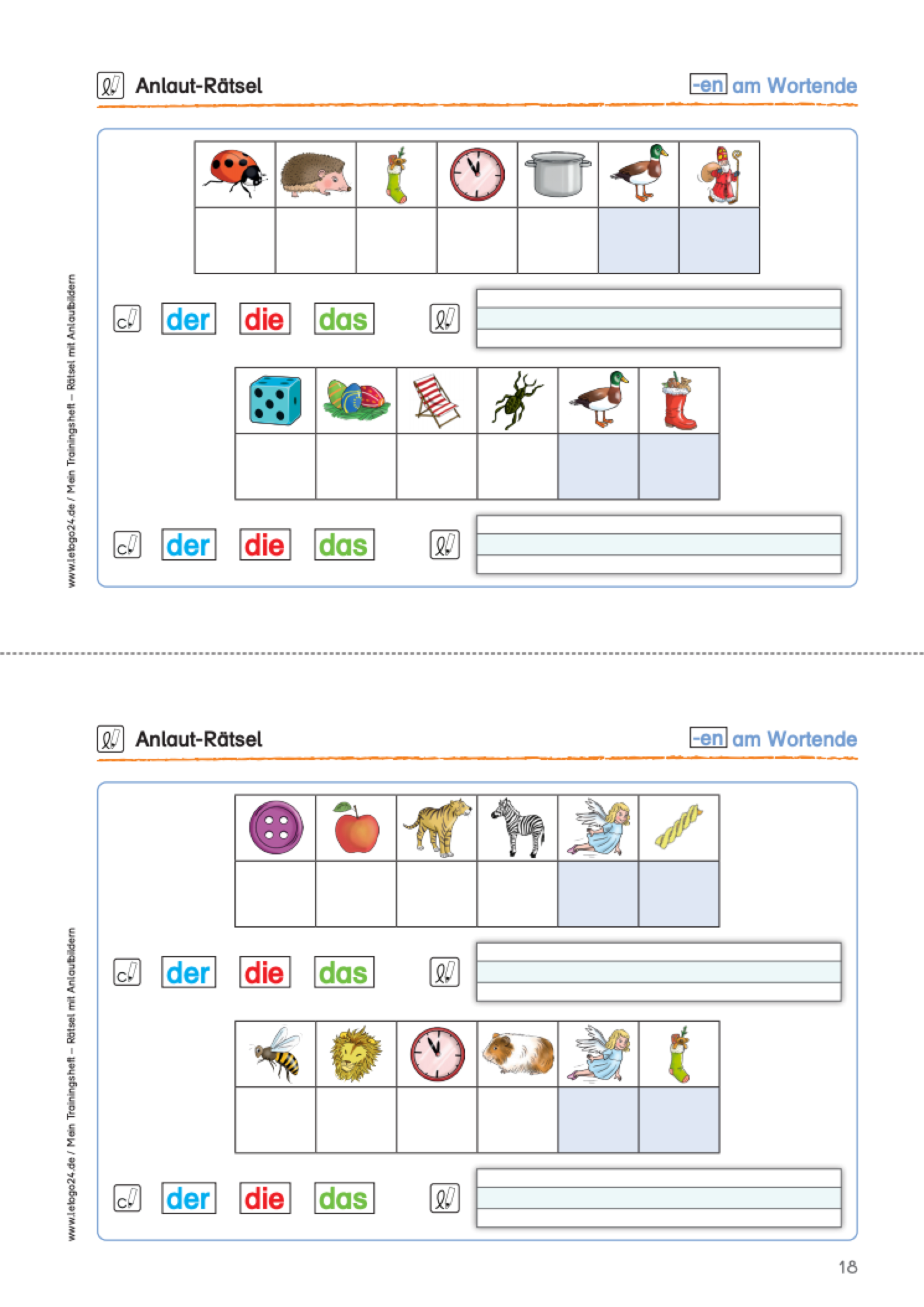 Arbeitsblatt mit zwei Anlauträtseln