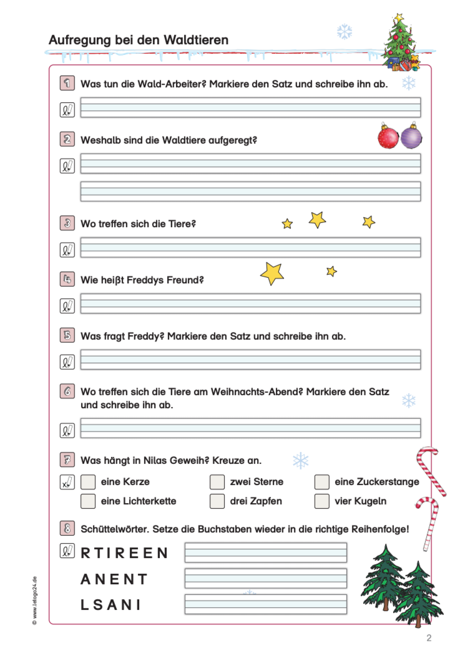 Arbeitsblatt mit Fragen zur Sinnerfassung für die Lesegeschichte Àufregung bei den Waldtieren´