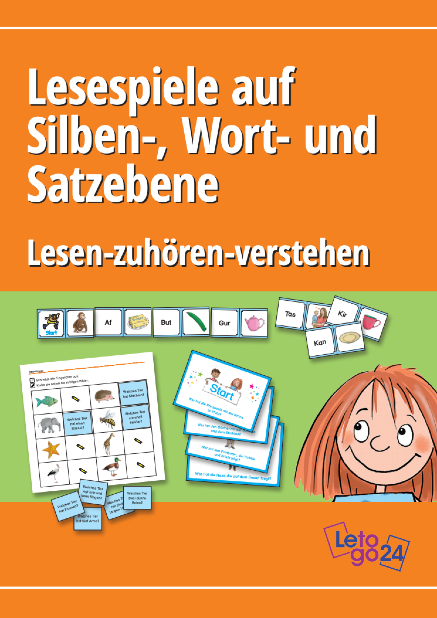 Cover des E-Books `Lesespiele auf Silben-, Wort- und Satzebene` mit einer Mädchengrafik und Abbildungen der Lese-Spiele