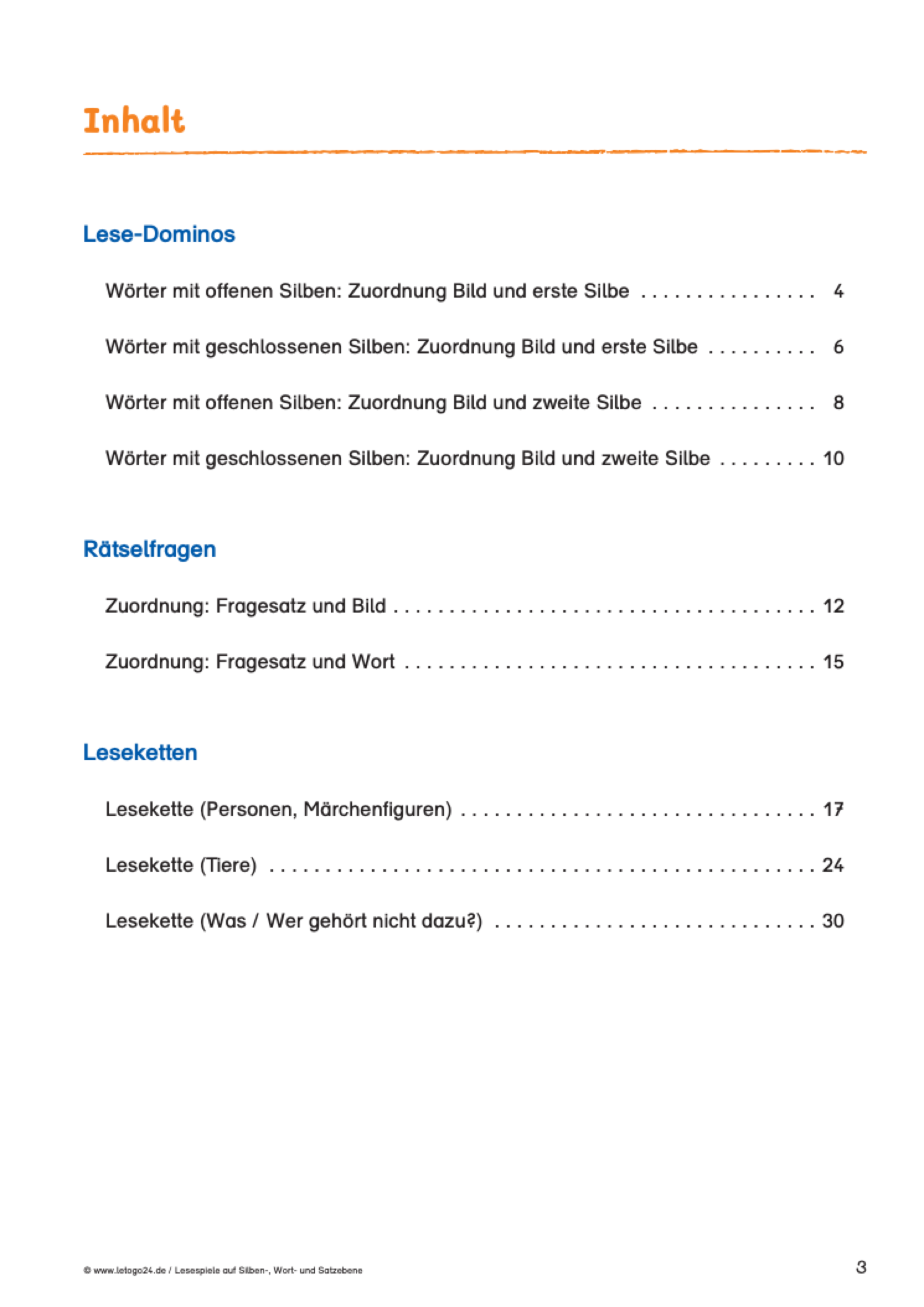 Inhaltsangabe des E-Books `Lesespiele auf der Silben-, Wort- und Satzebene`