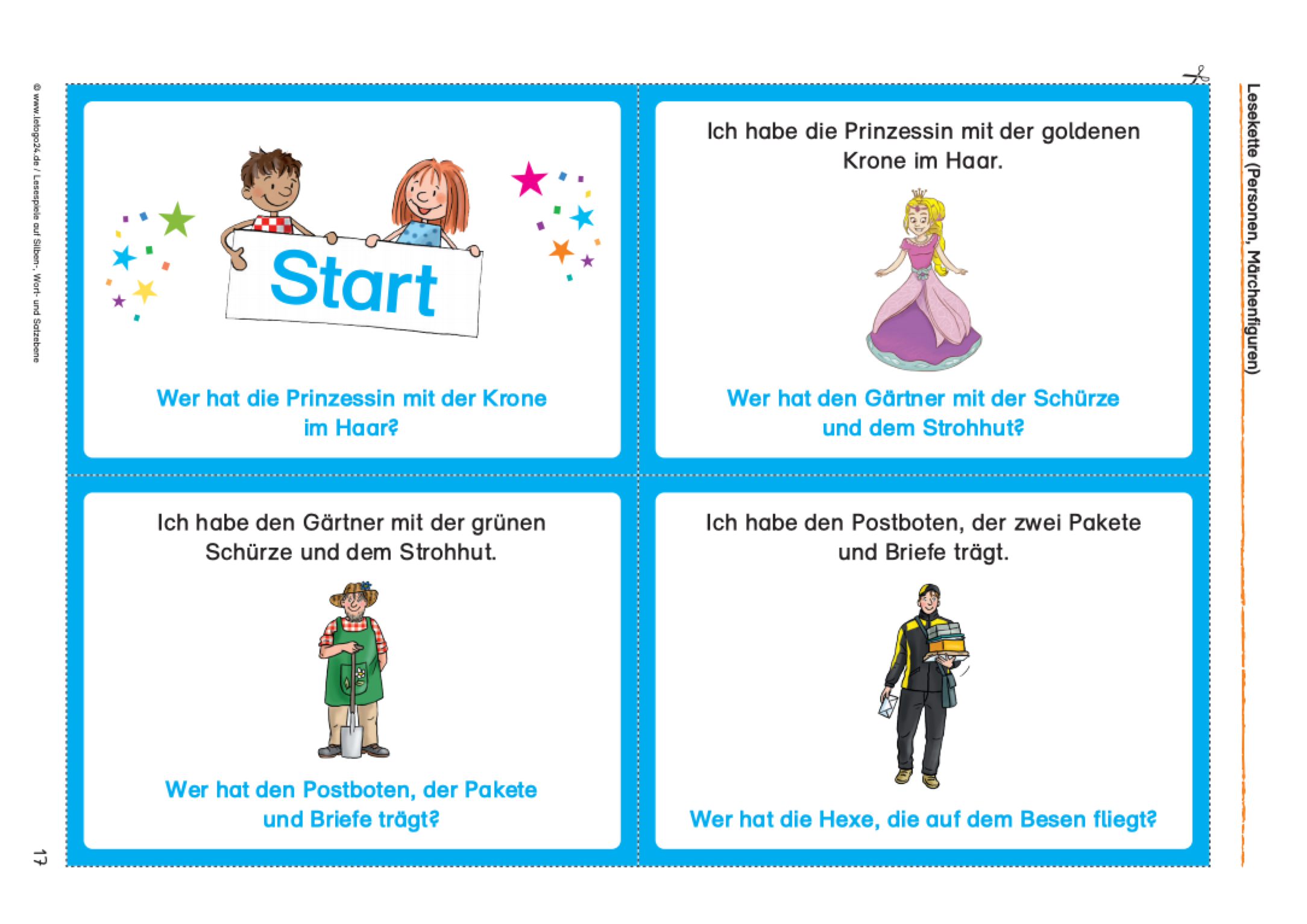 Arbeitsblatt für Grundschüler mit vier Lesekarten einer Lesekette inkl. Leseaufgaben