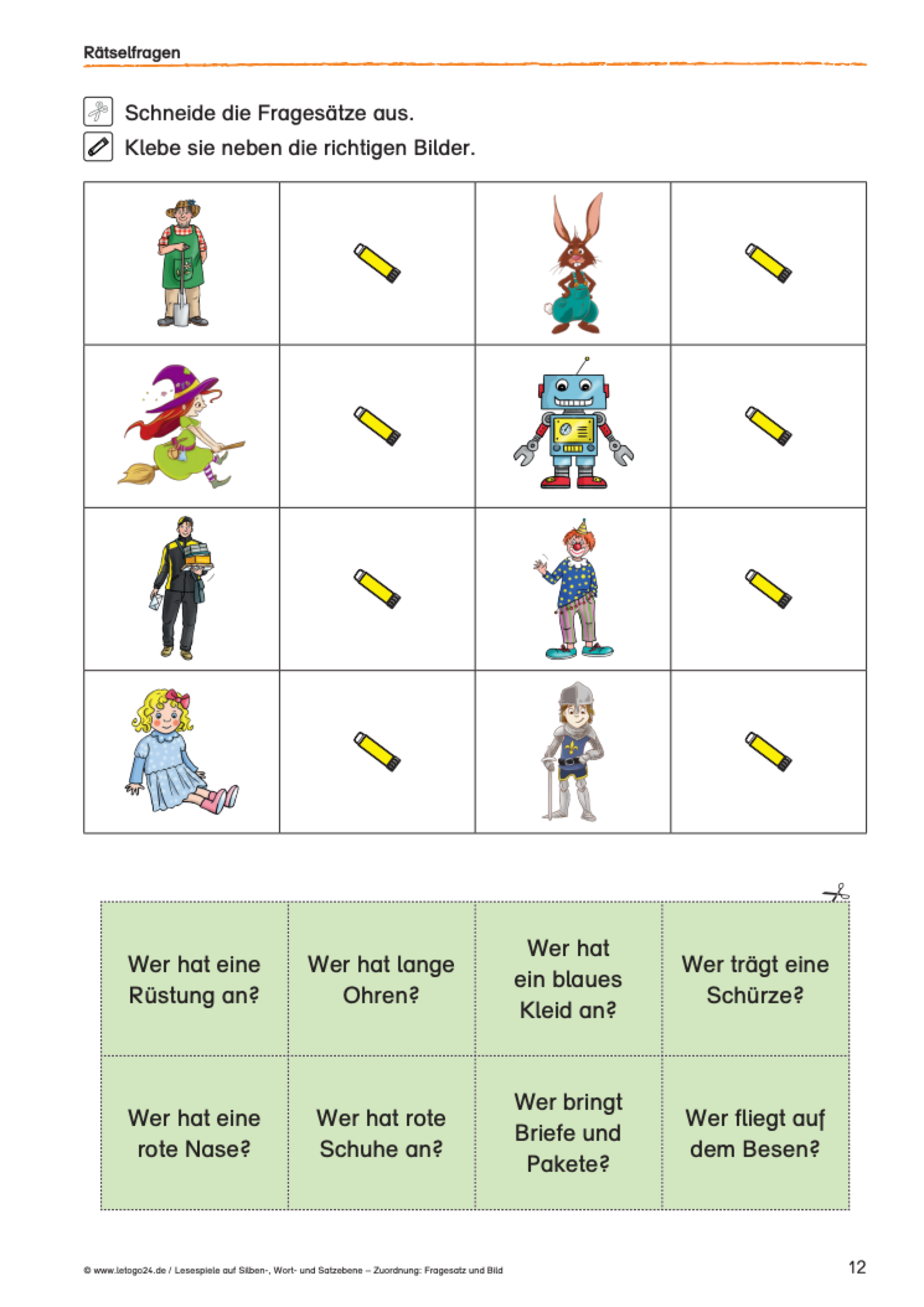 Arbeitsblatt für Erstklässler von Letogo24 mit Rätselfragen und Grafiken zur Zuordnung